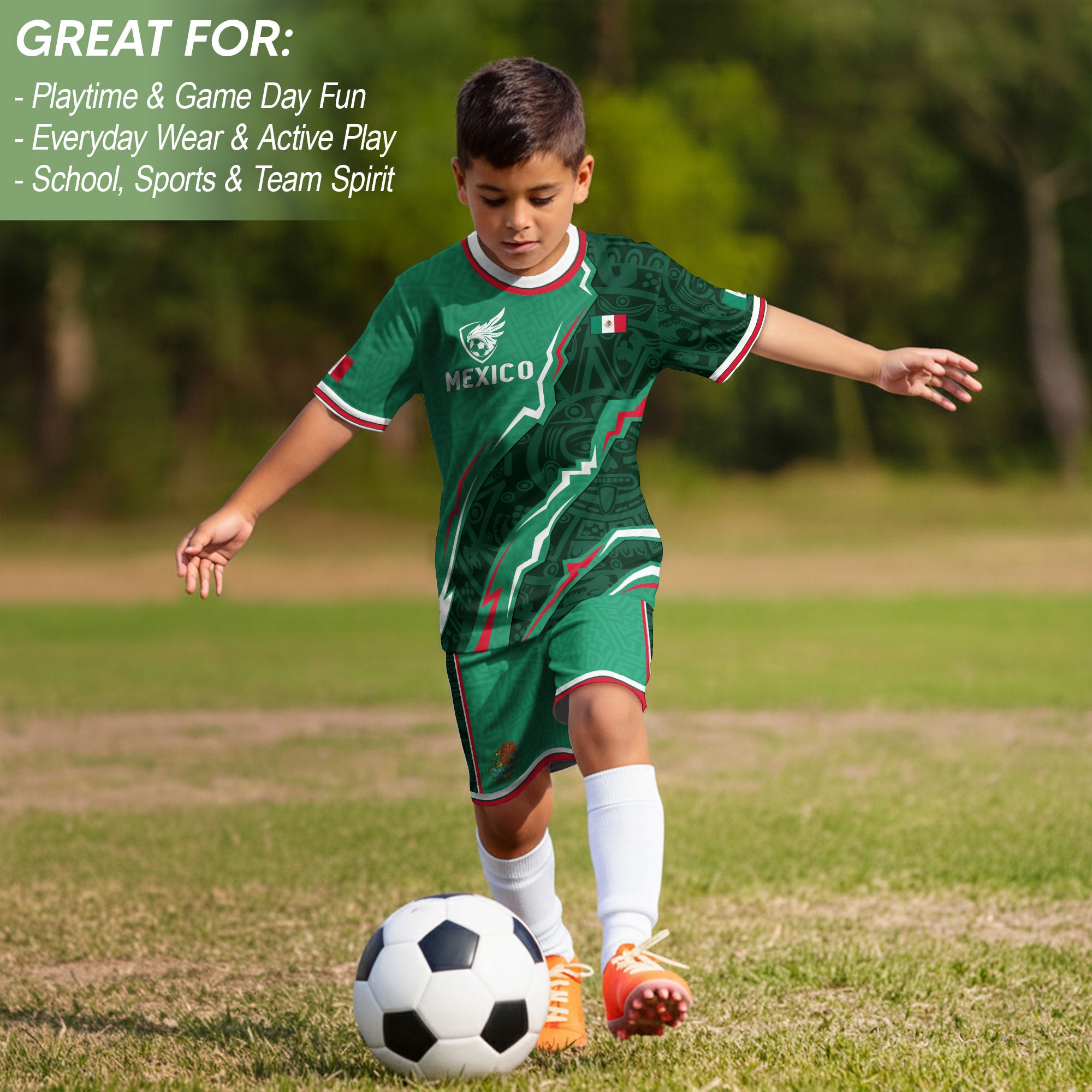 Camiseta de fútbol infantil de México con diseño de escudo con patrón azteca verde
