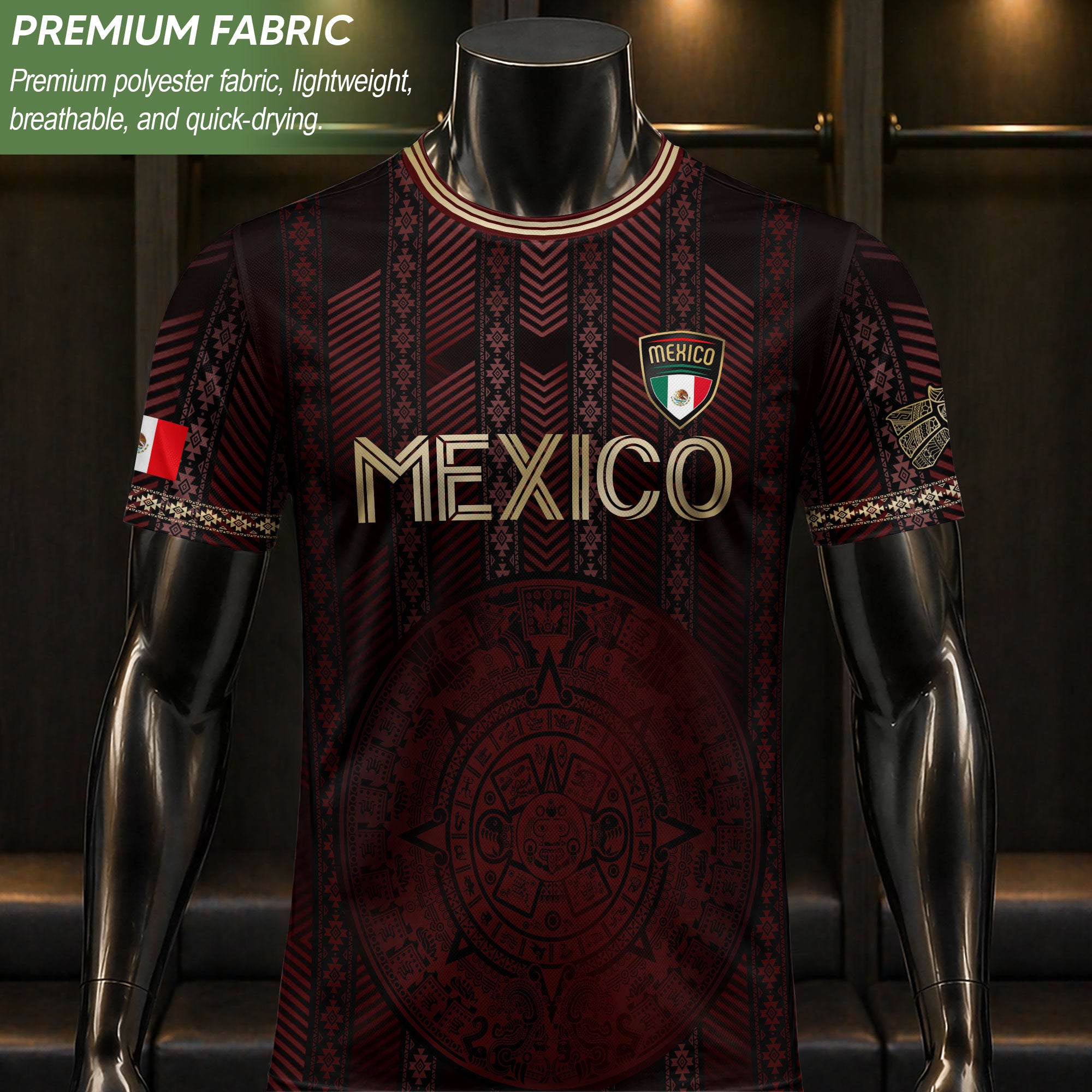 Mexico Burgundy Soccer Jersey with Golden Aztec Calendar and Eagle Crest