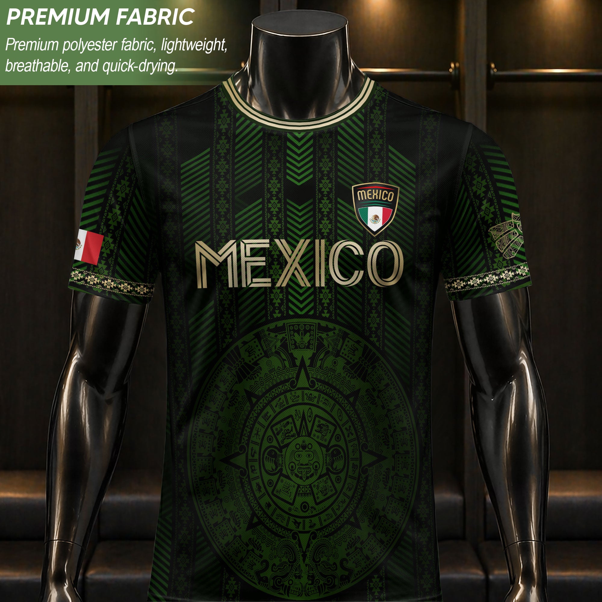 Mexico Green Soccer Jersey with Golden Aztec Calendar and Eagle Crest