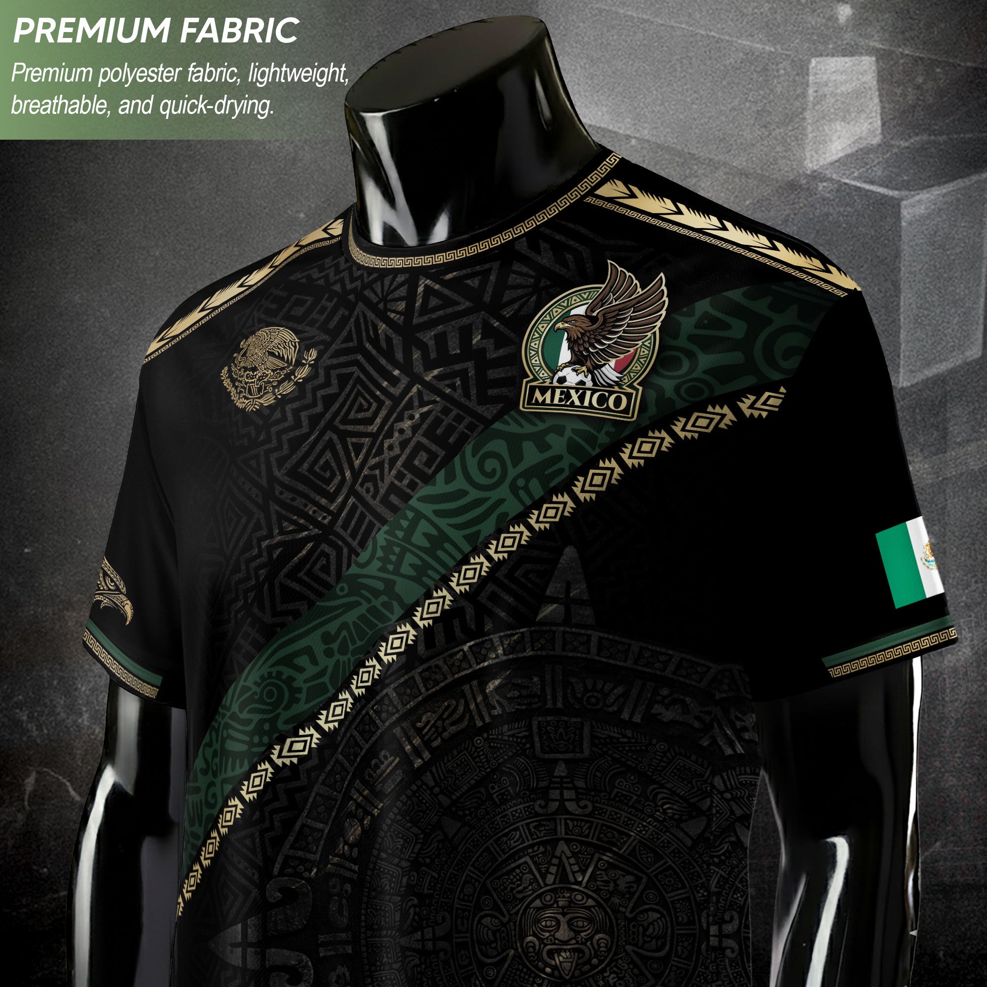Mexico Heritage Orgullo Mexicano Black Gold Sash Aztec Calendar Gold Shoulder Soccer Jersey