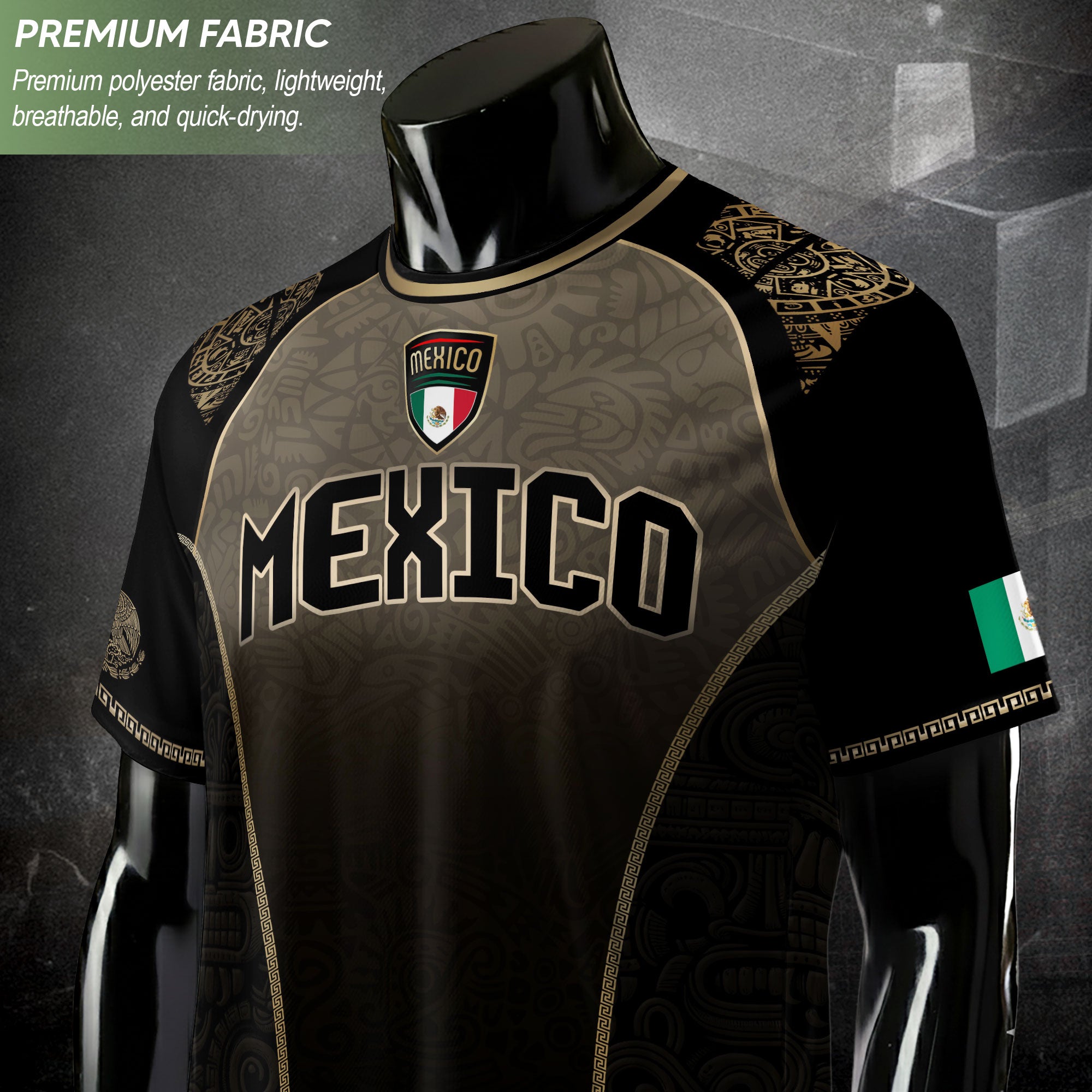 Mexico Heritage Black Tan Arch Design Aztec Empire Pride Graphic Soccer Jersey