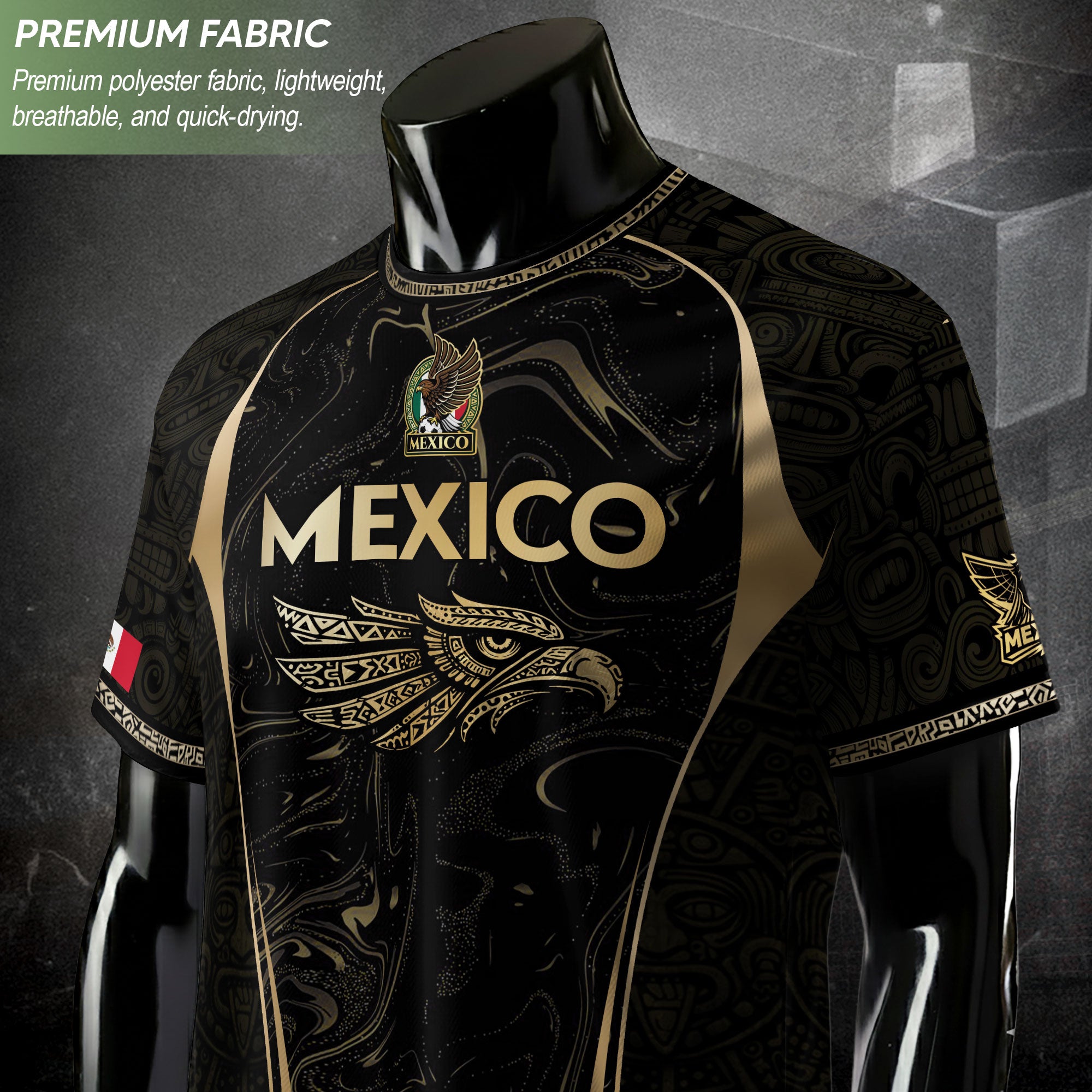 Mexico Coat of Arms Black Gold Aztec Eagle Warrior Heritage Soccer Jersey