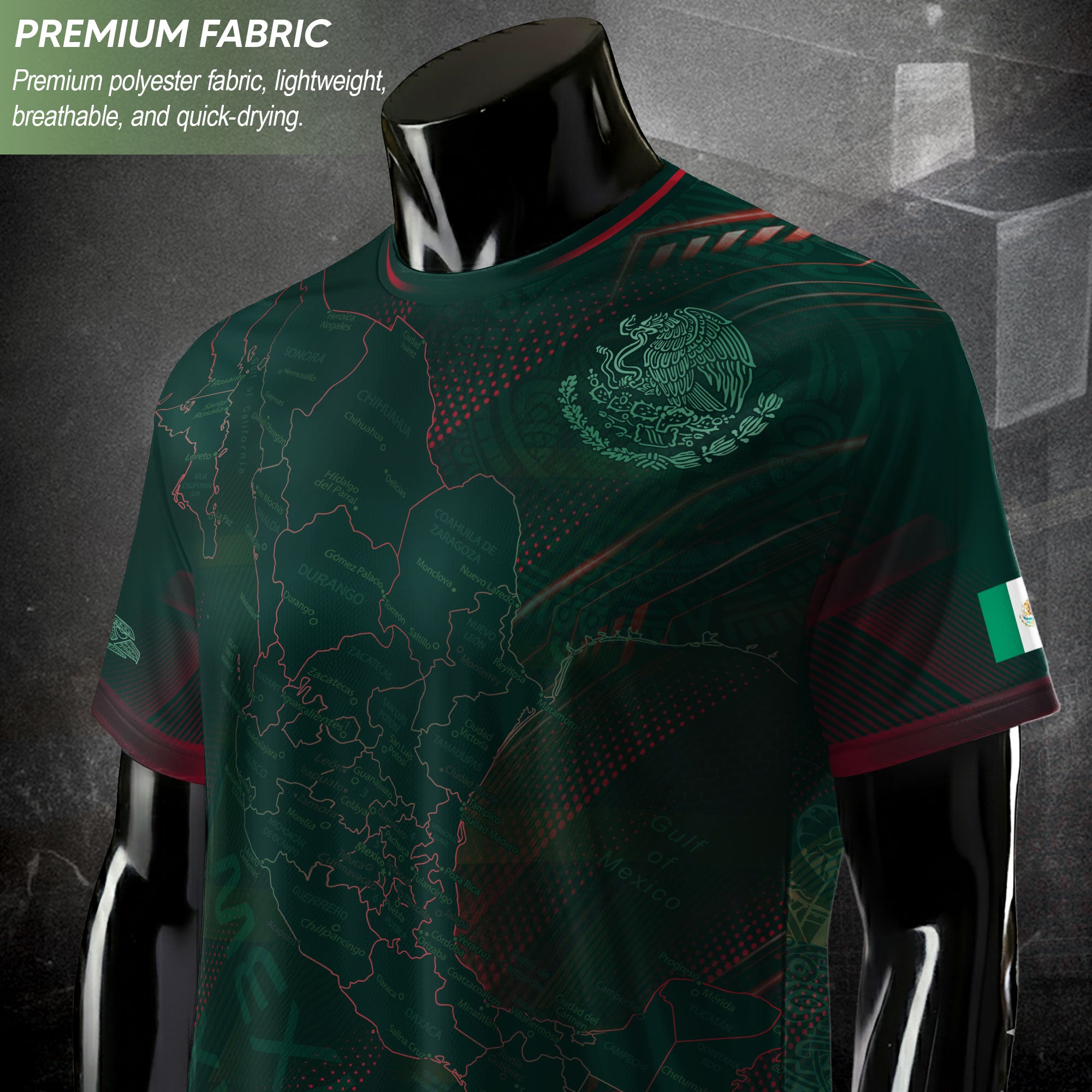 Mexico Heritage Orgullo Mexicano Green Red Detailed Country Map Aztec Soccer Jersey