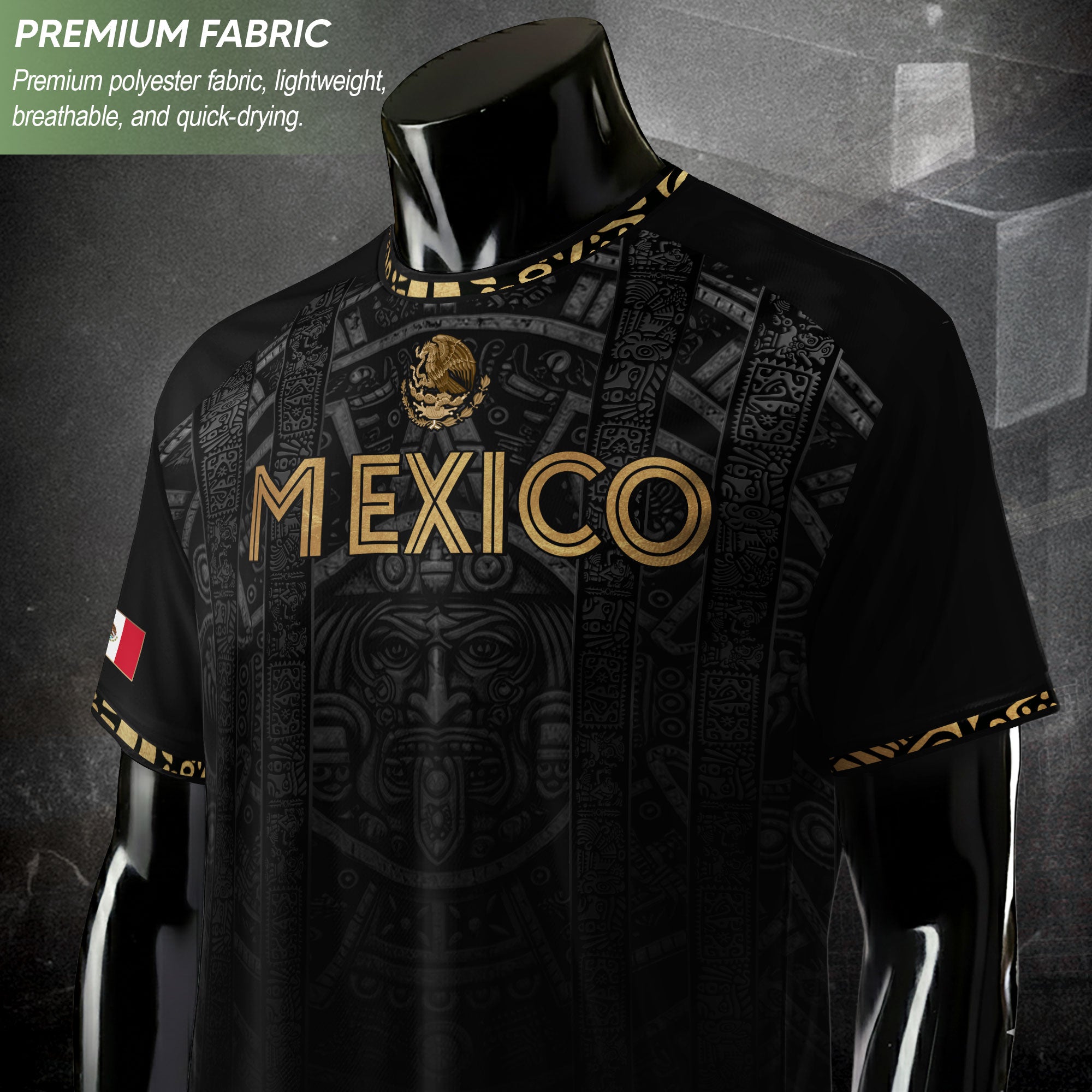 Mexico Heritage Orgullo Mexicano Black Gold Aztec Sun Stone Calendar Soccer Jersey