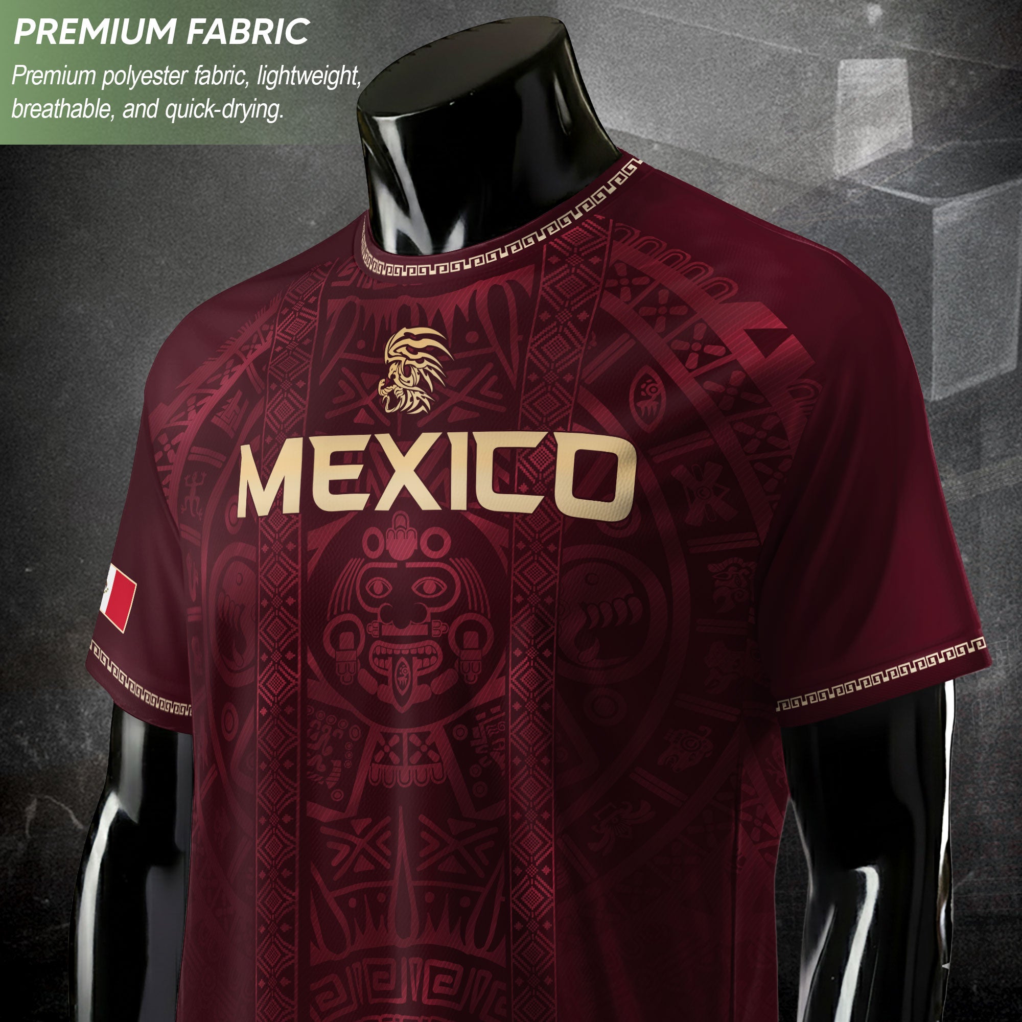 Mexico Heritage Orgullo Mexicano Maroon Burgundy Aztec Calendar Sun Stone Soccer Jersey