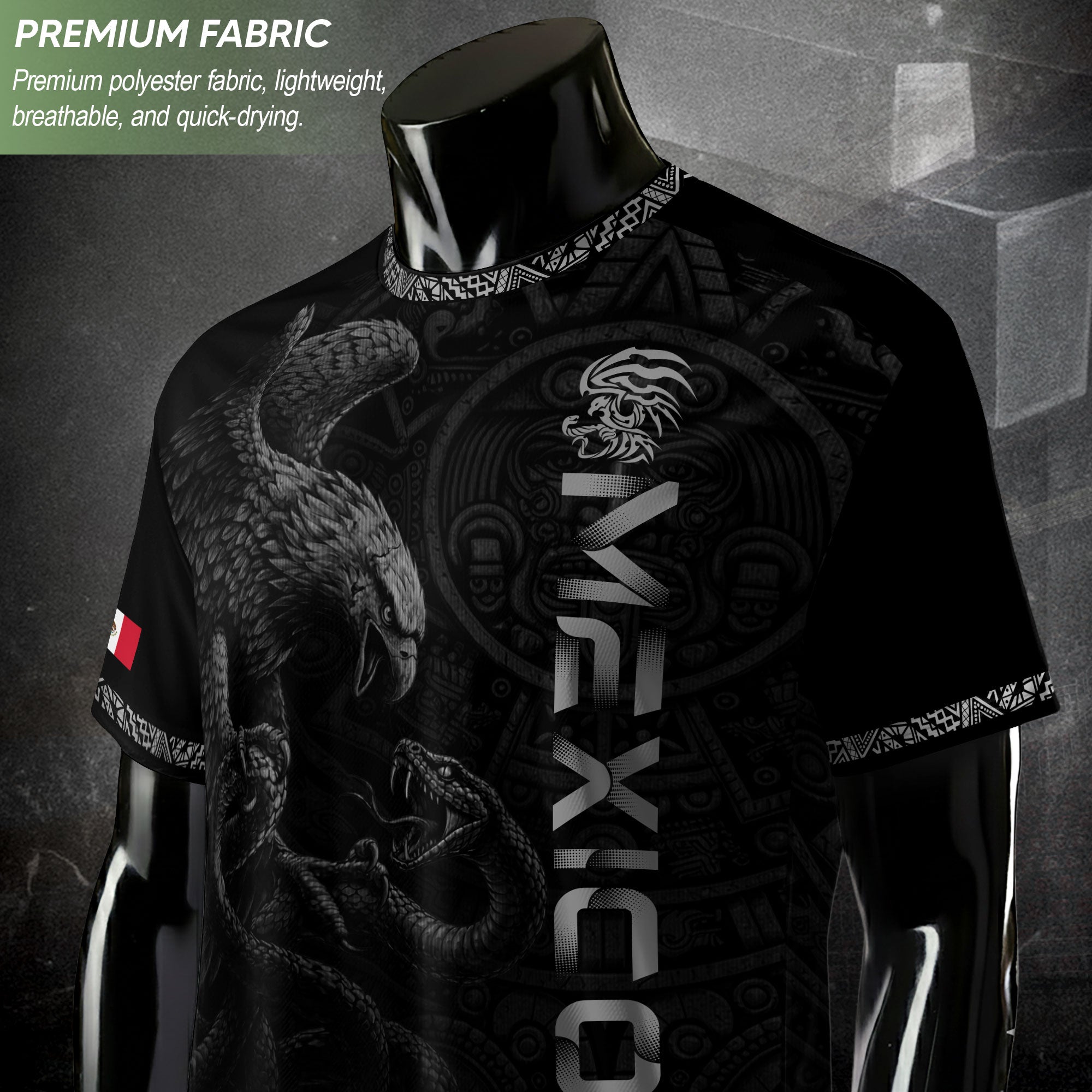 Camiseta de fútbol premium con emblema de águila azteca verde y dorado de México