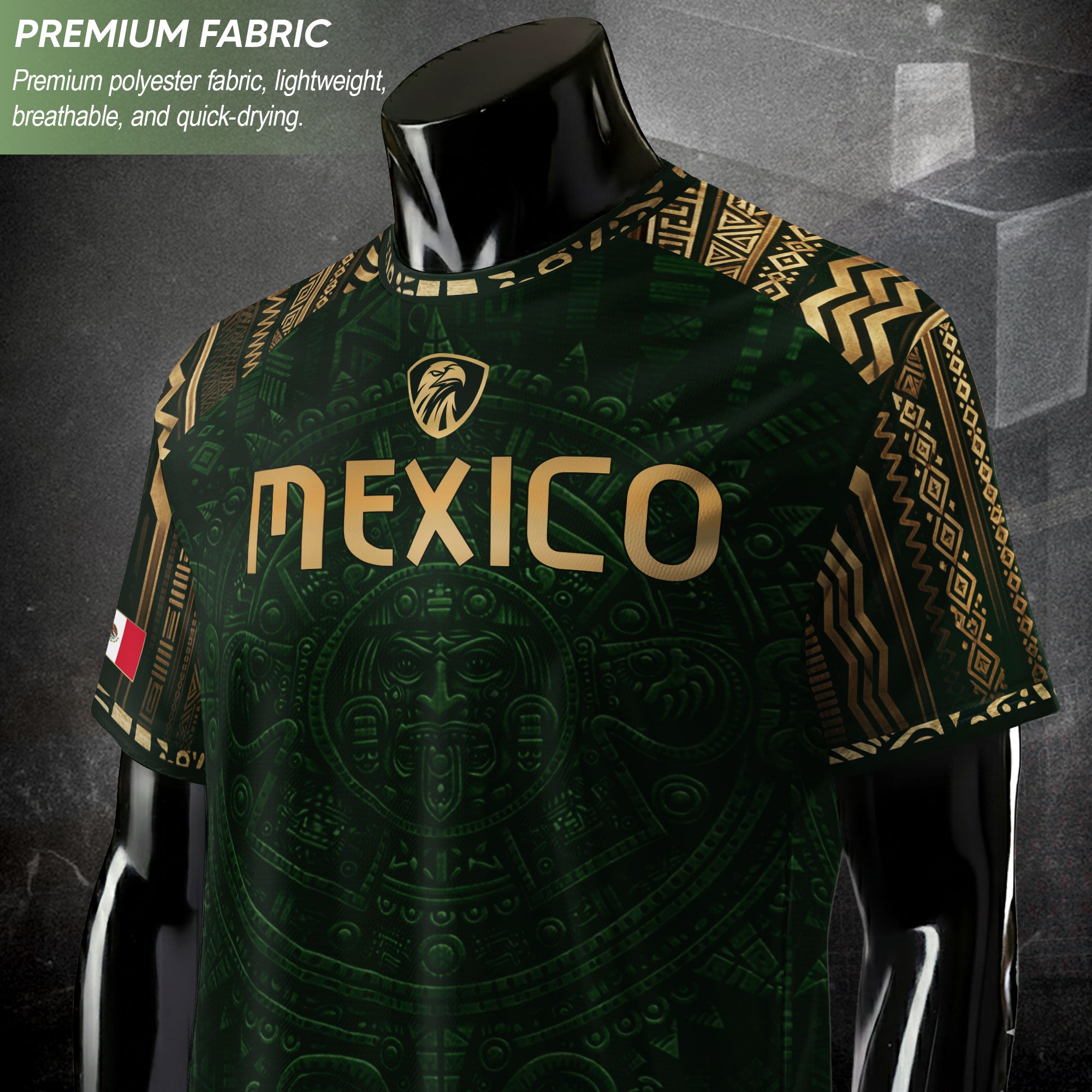 Camiseta de fútbol premium con emblema de águila azteca verde y dorado de México