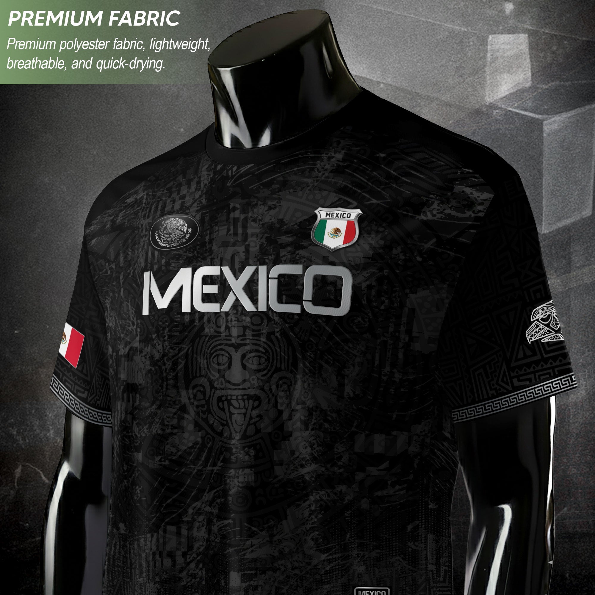 Mexico Heritage Black Silver Distressed Style Aztec Empire Pride Graphic Soccer Jersey