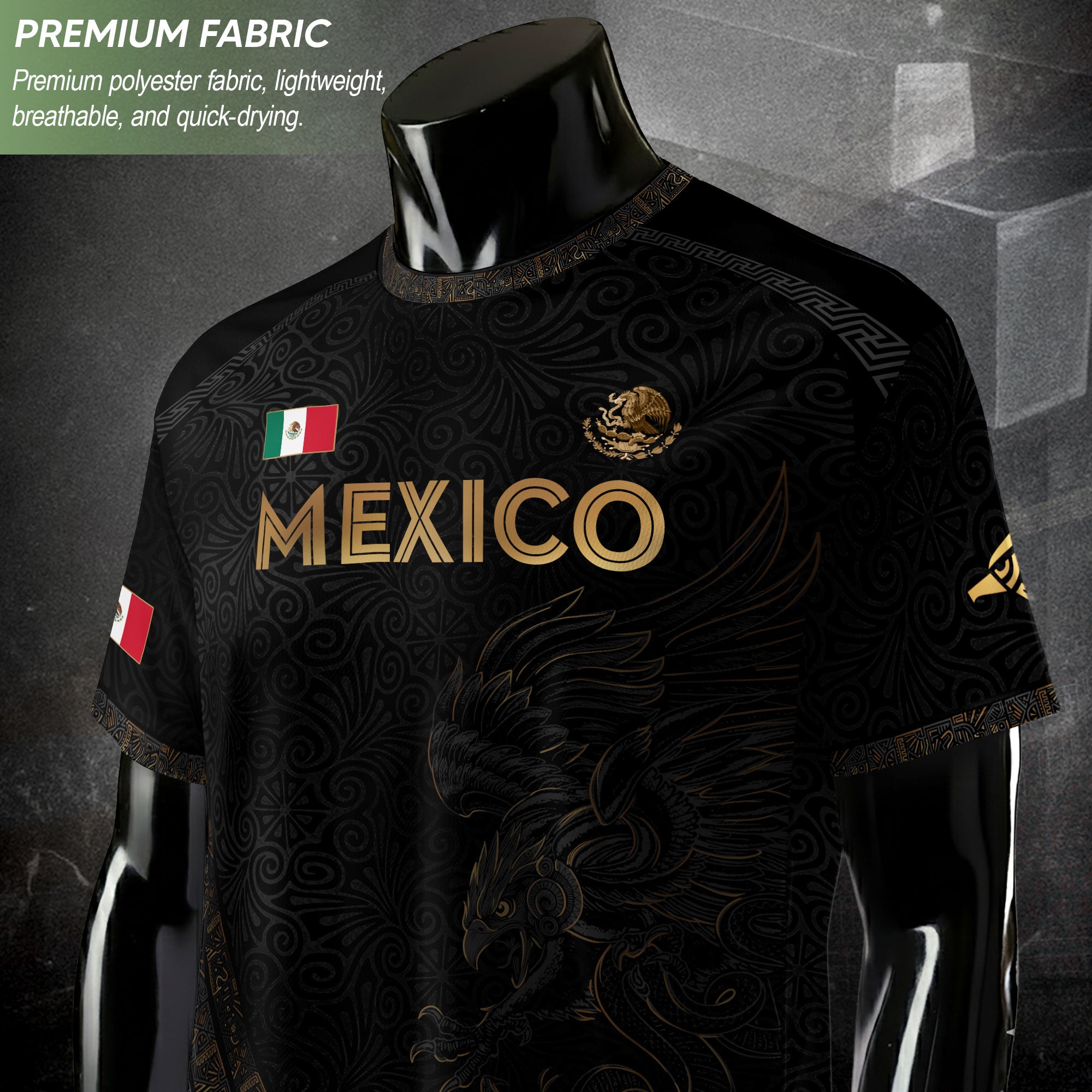 Mexico Heritage Black Gold Eagle Graphic Floral Pattern Pride Soccer Jersey