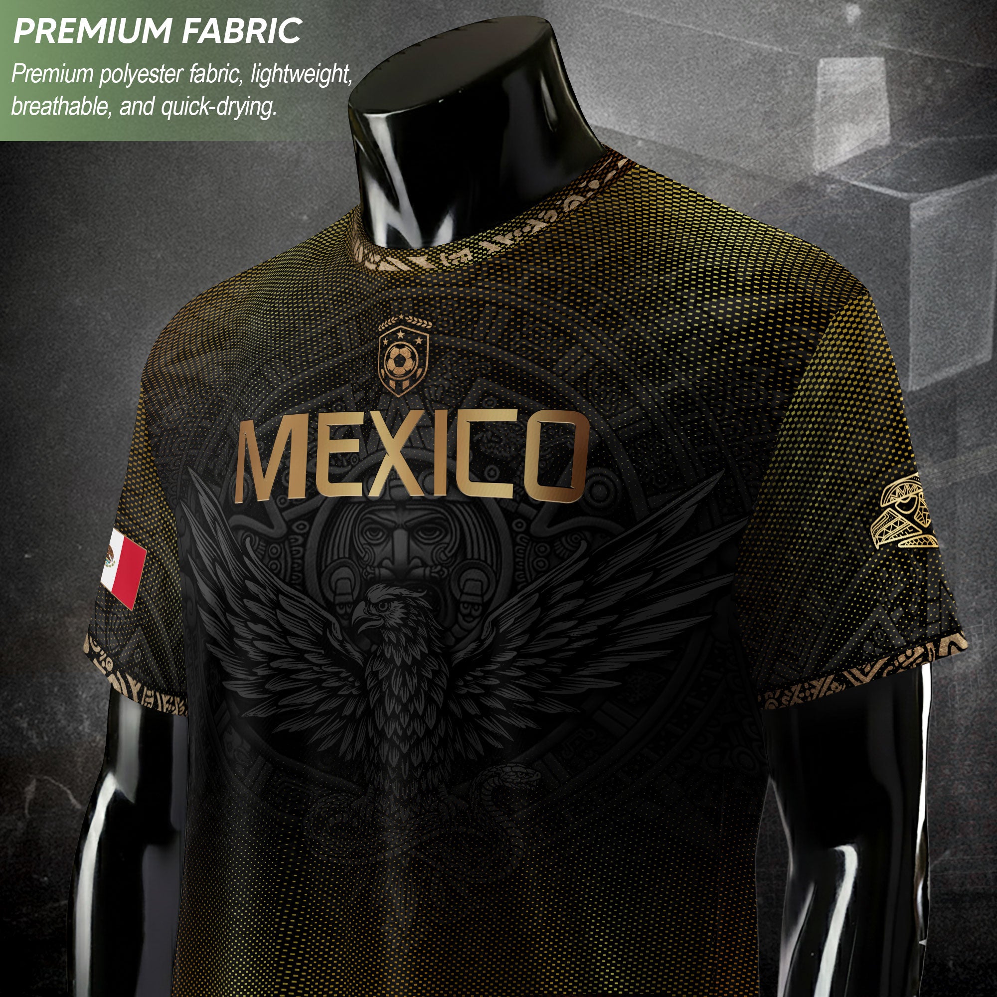Mexico Heritage Orgullo Mexicano Black Gold Eagle Gradient Aztec Calendar Soccer Jersey