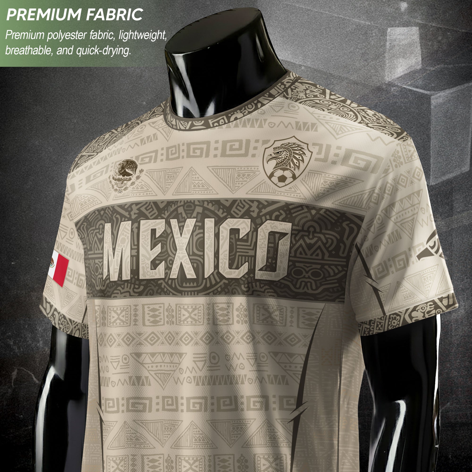 Mexico Coat of Arms Beige Aztec Mayan Tribal Geometric Pattern Heritage Soccer Jersey