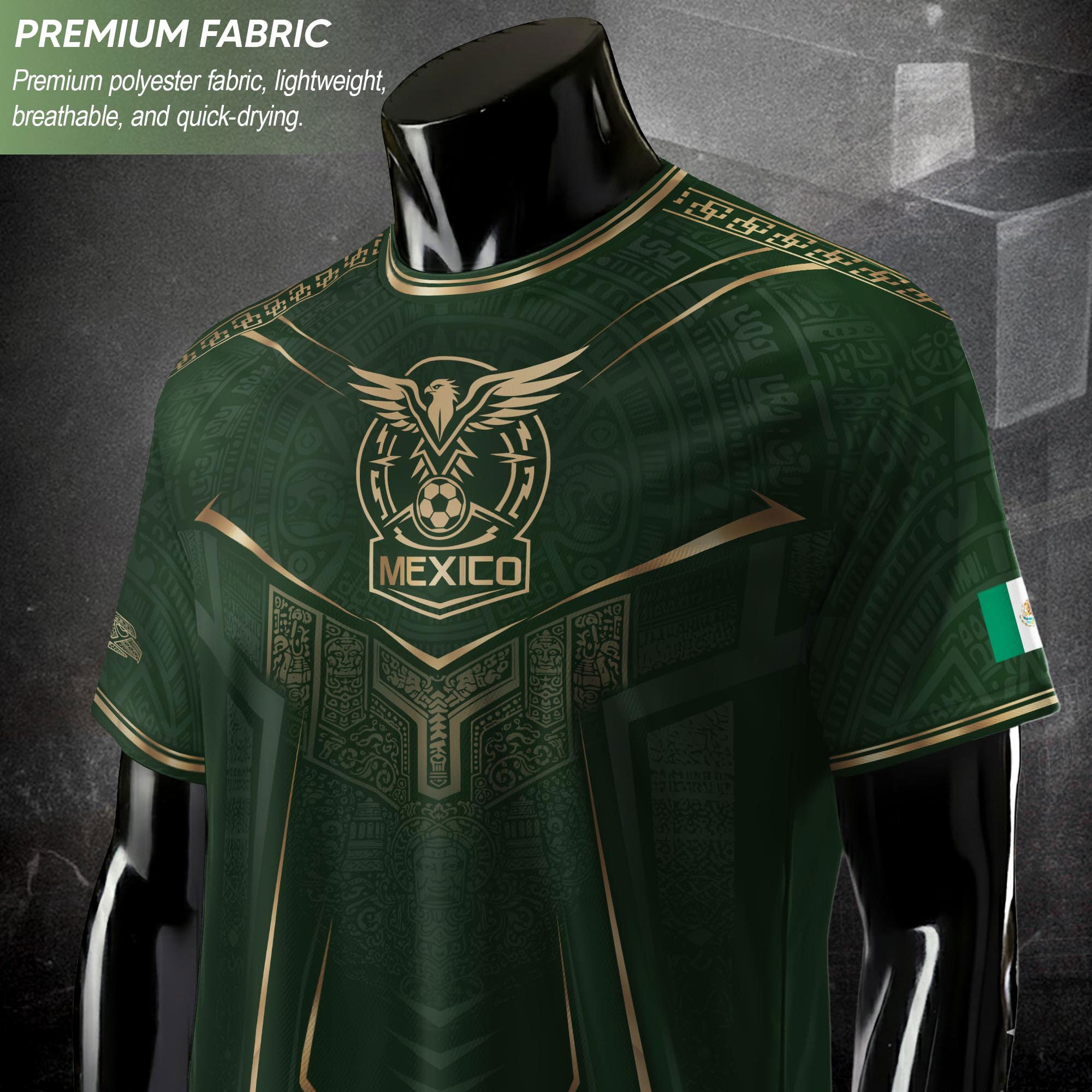 Camiseta de fútbol premium con emblema de águila azteca verde y dorado de México