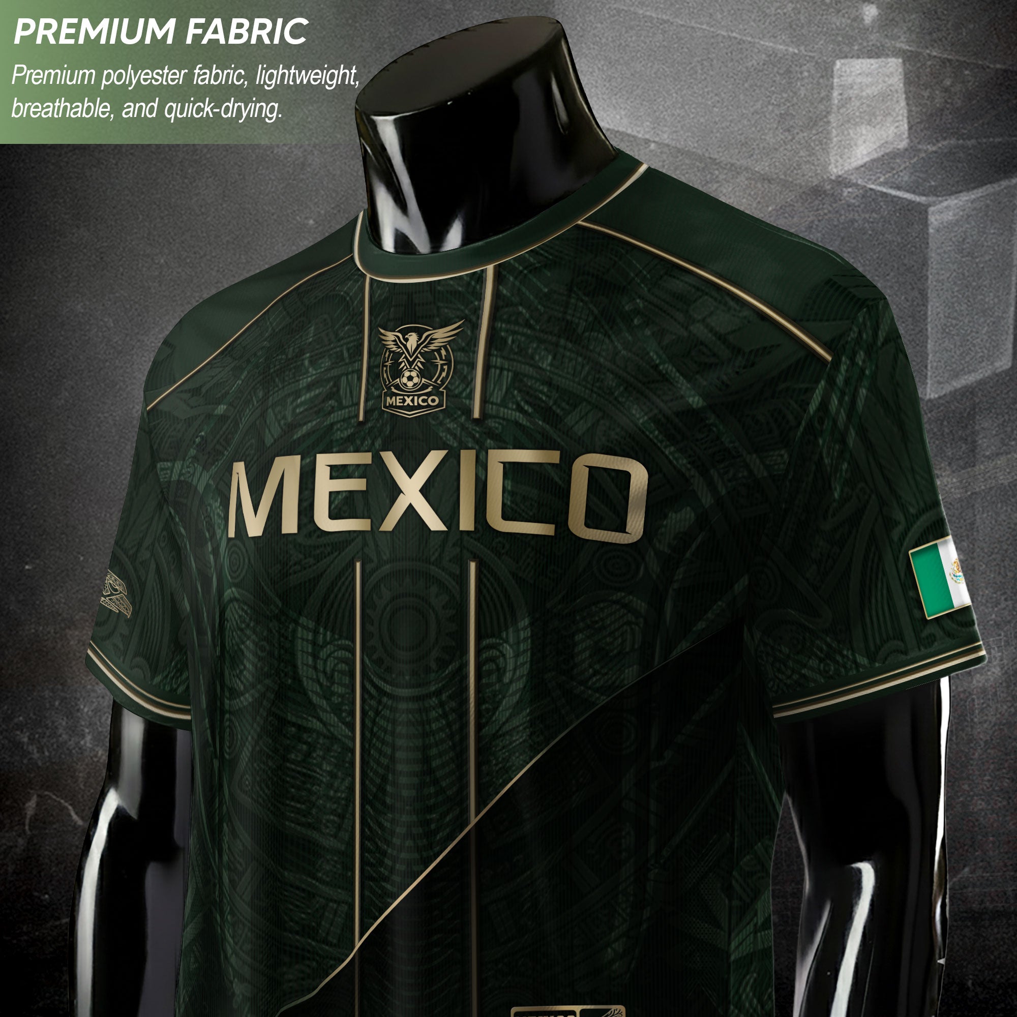 Camiseta de fútbol premium con emblema de águila azteca verde y dorado de México