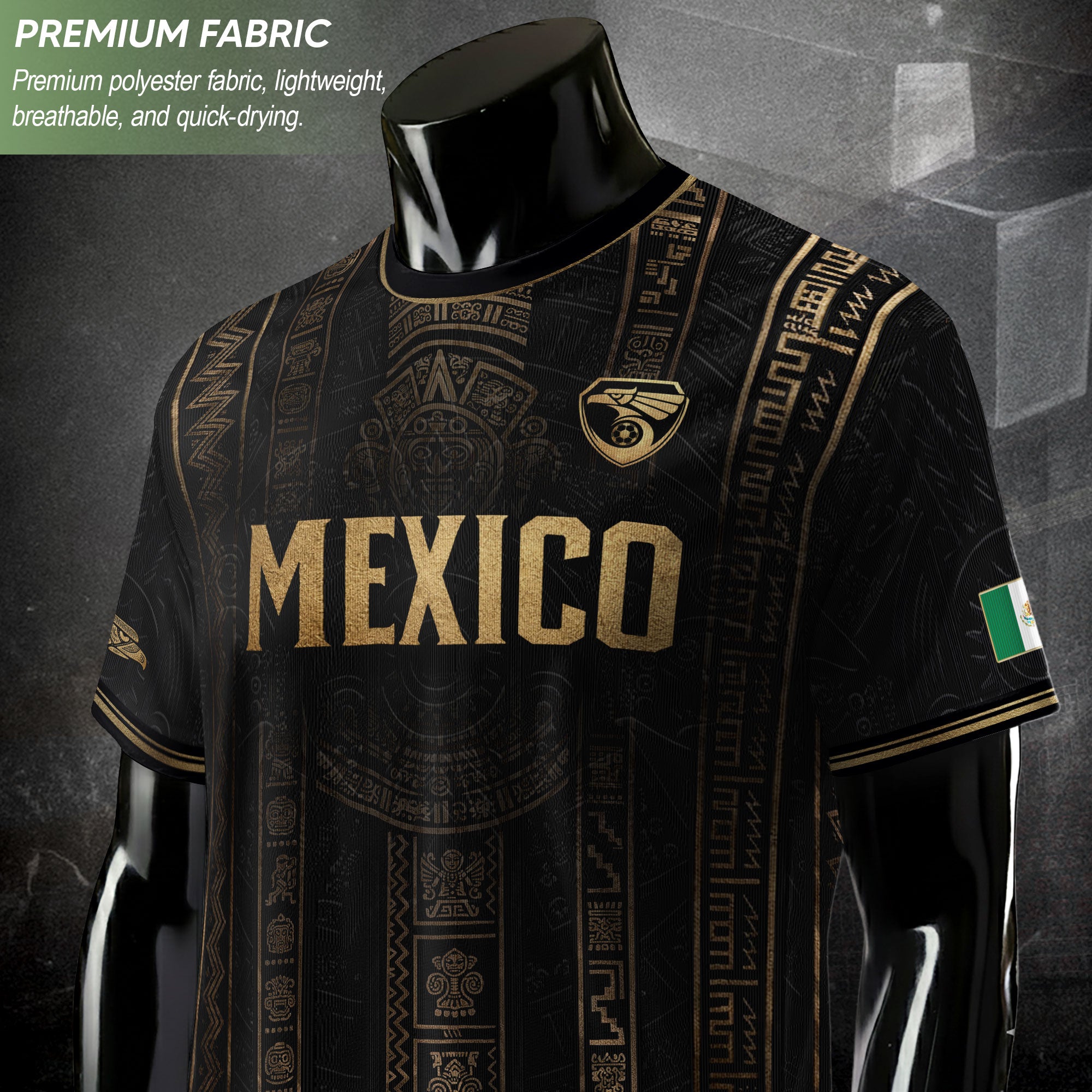 Camiseta de fútbol premium con emblema de águila azteca verde y dorado de México