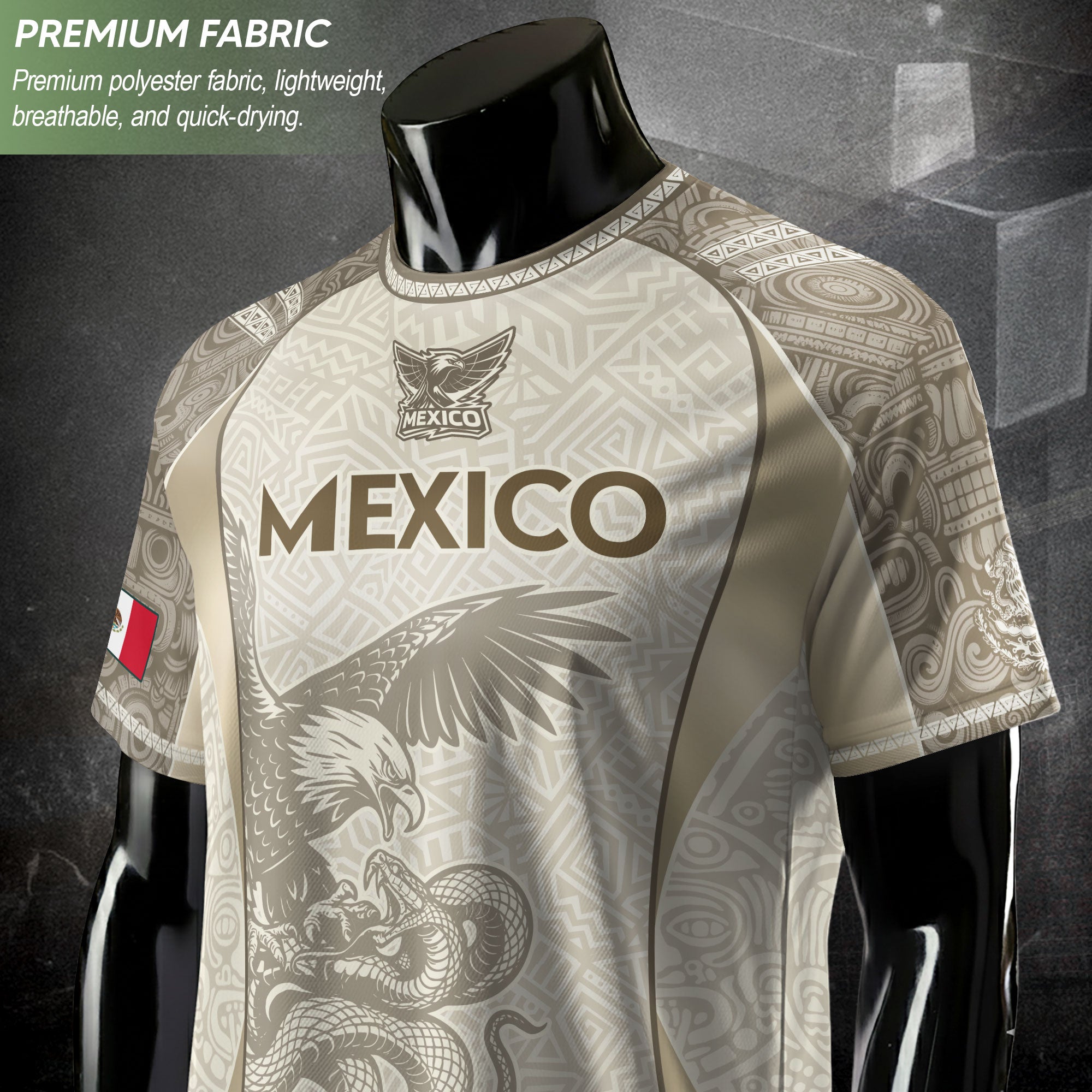 Mexico Beige Aztec Eagle Snake Heritage Soccer Jersey Mexican Pride Design