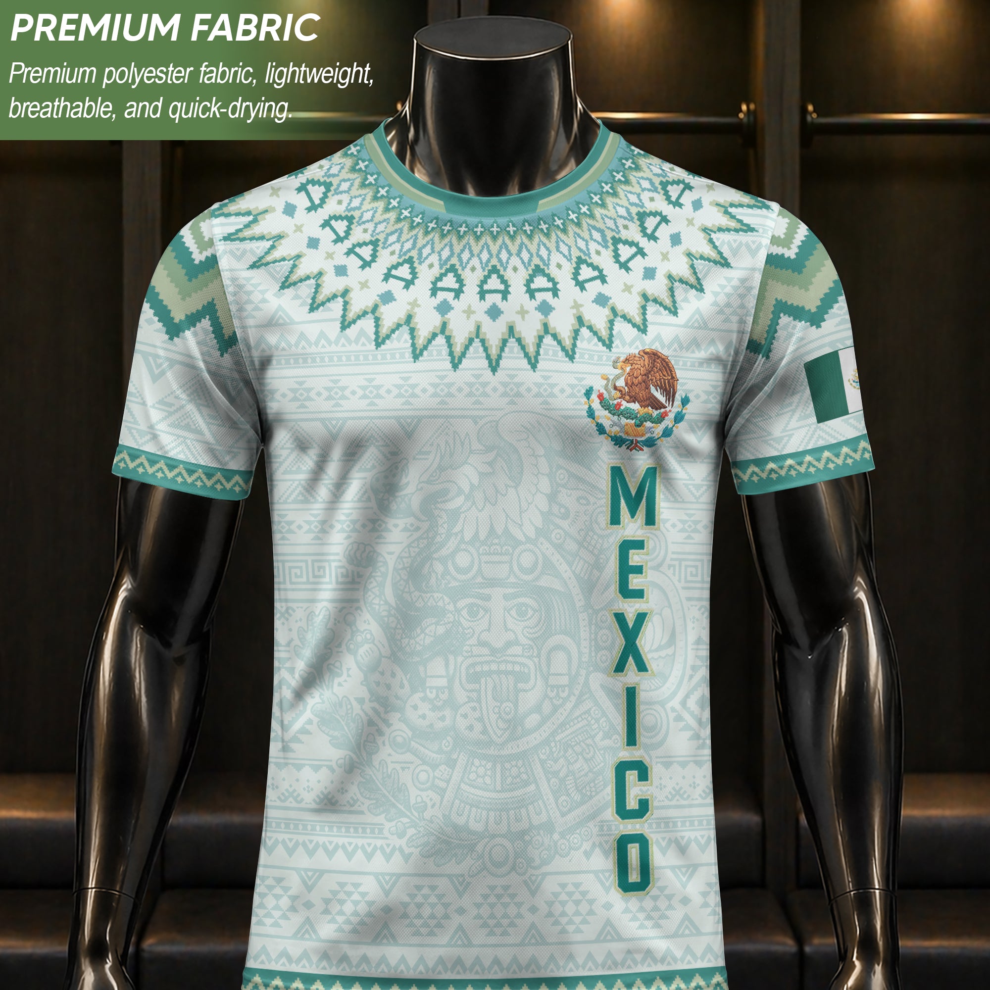 Camiseta de fútbol premium con emblema de águila azteca verde y dorado de México
