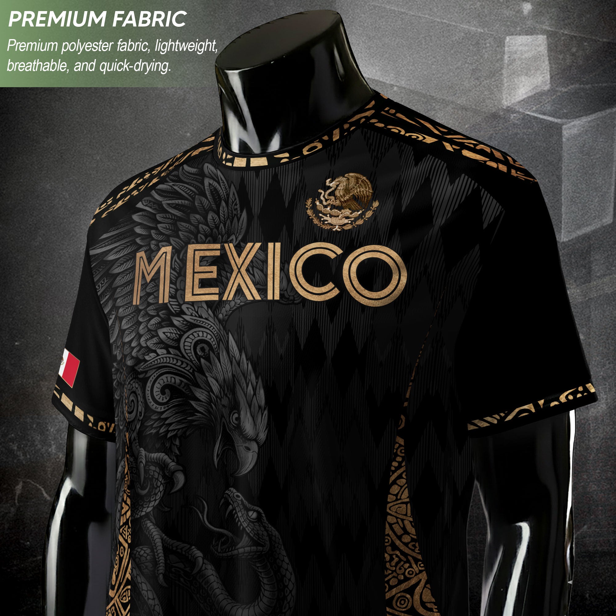Camiseta de fútbol premium con emblema de águila azteca verde y dorado de México