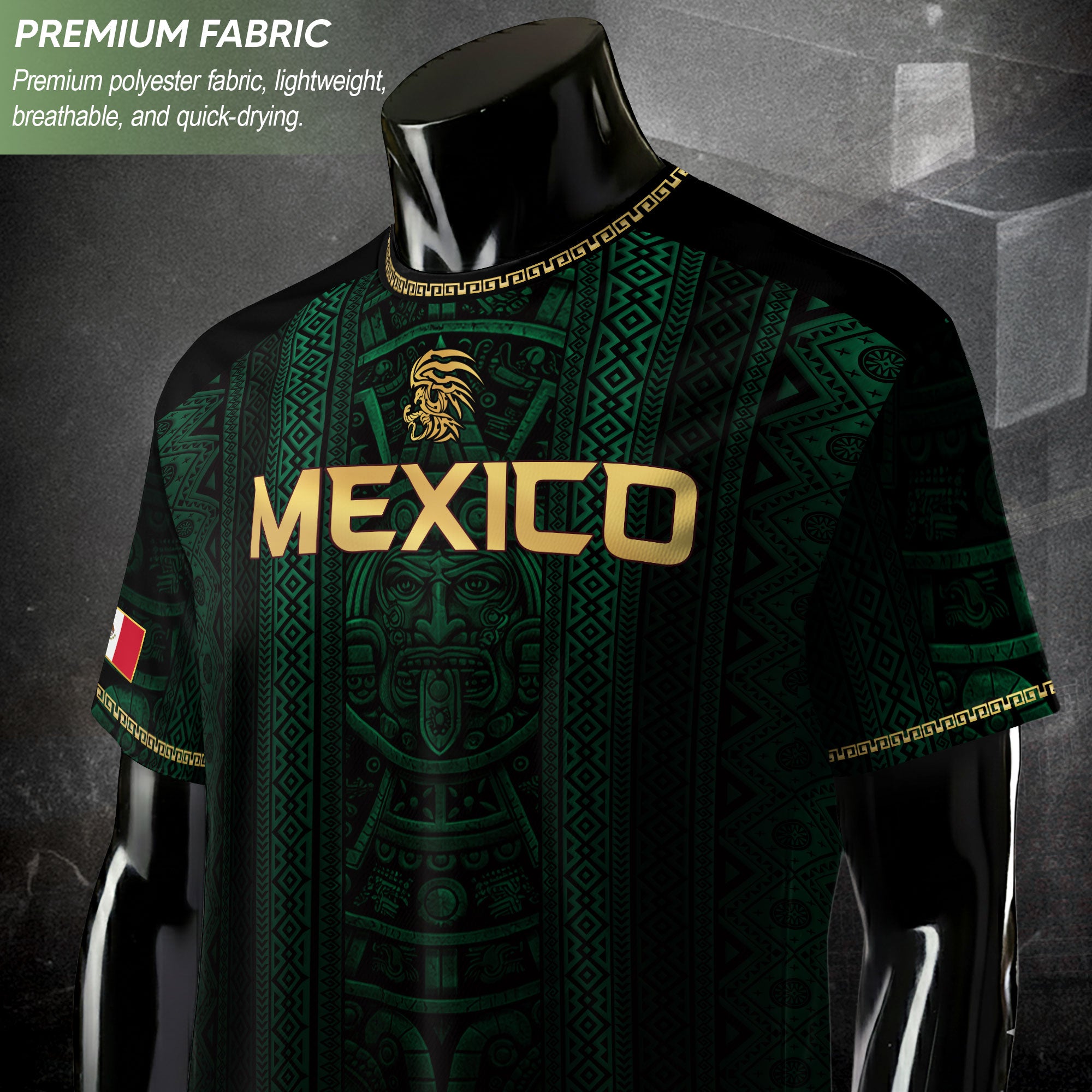 Camiseta de fútbol premium con emblema de águila azteca verde y dorado de México