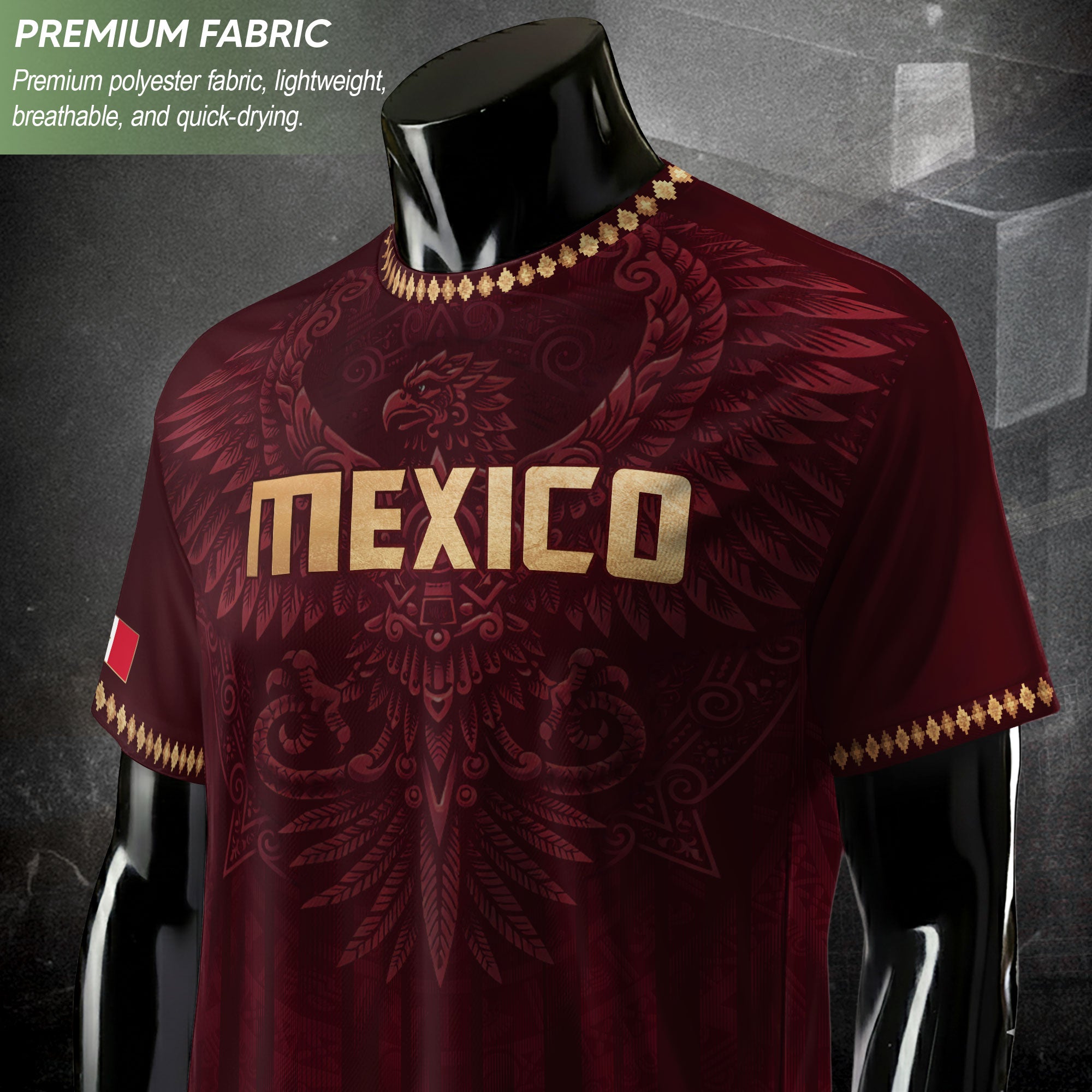 Camiseta de fútbol premium con emblema de águila azteca verde y dorado de México