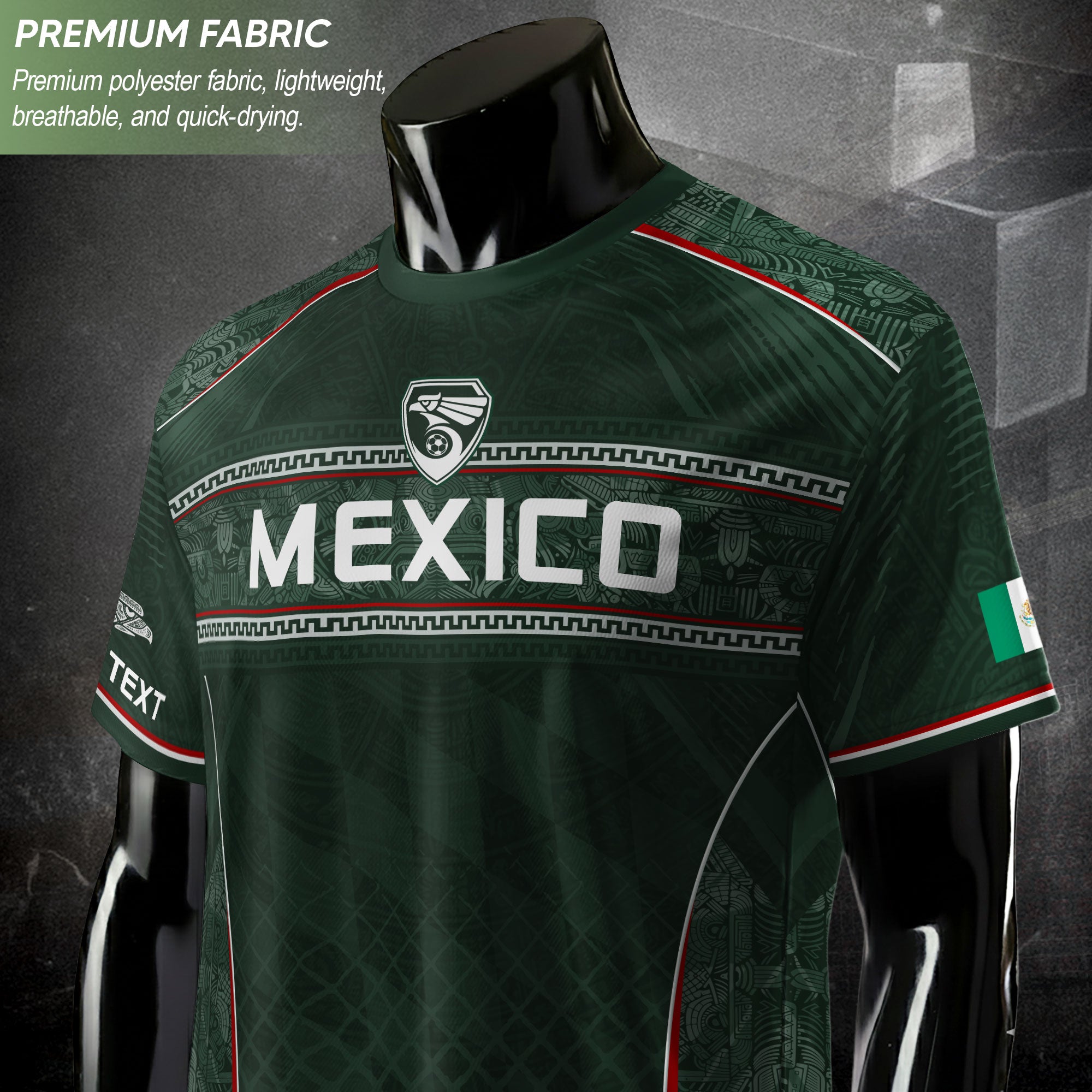 Camiseta de fútbol premium con emblema de águila azteca verde y dorado de México