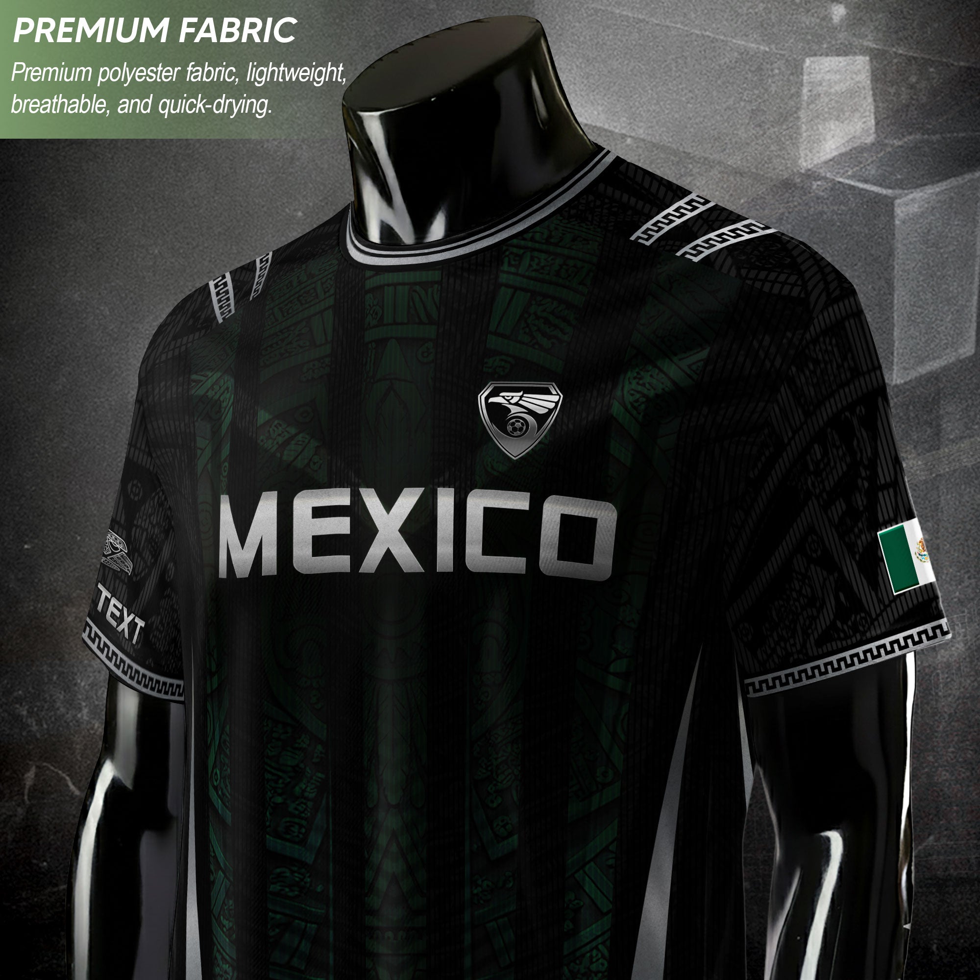 Camiseta de fútbol premium con emblema de águila azteca verde y dorado de México