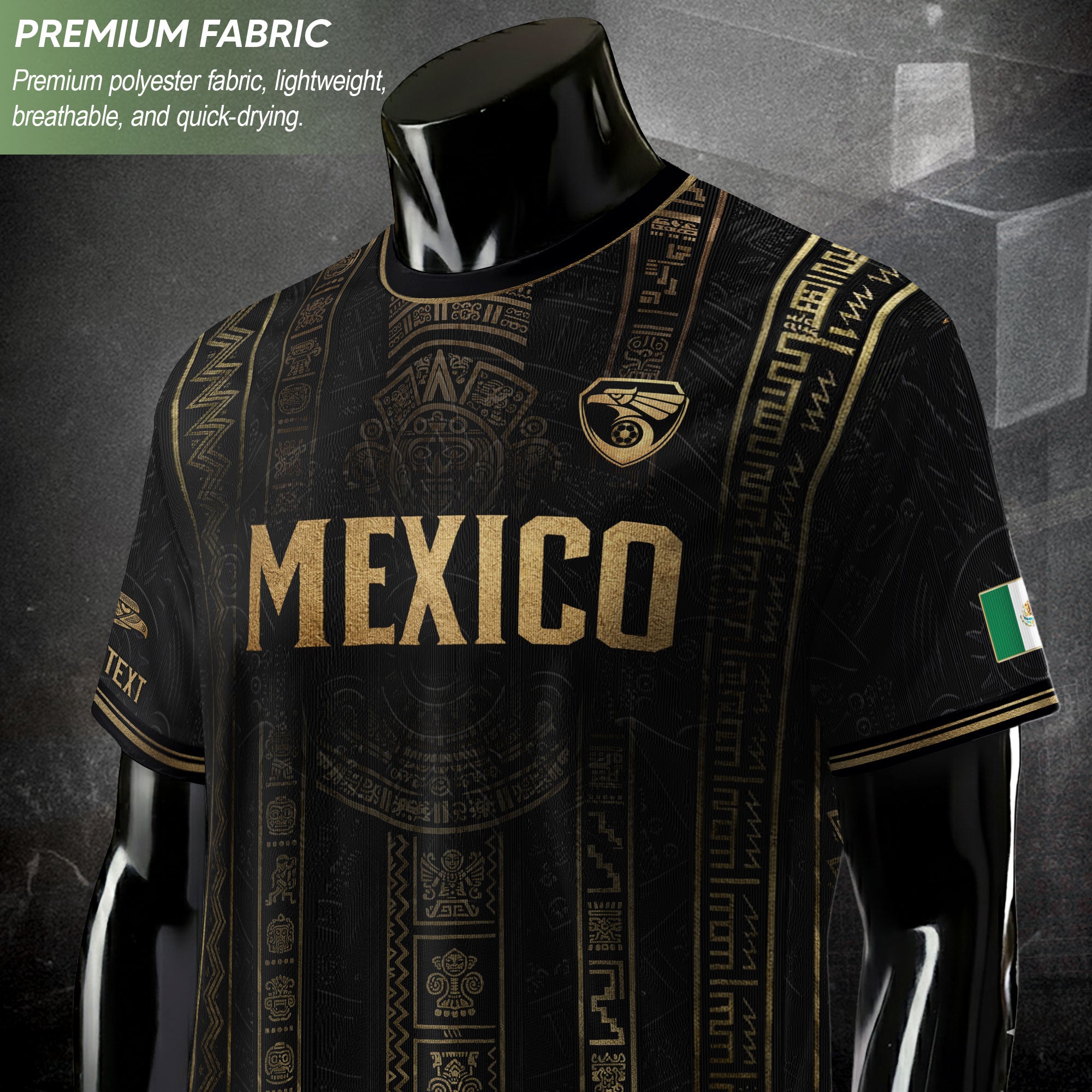 Mexico Soccer Jersey Personalized Name Number Black Aztec Glyph Black Football Kit