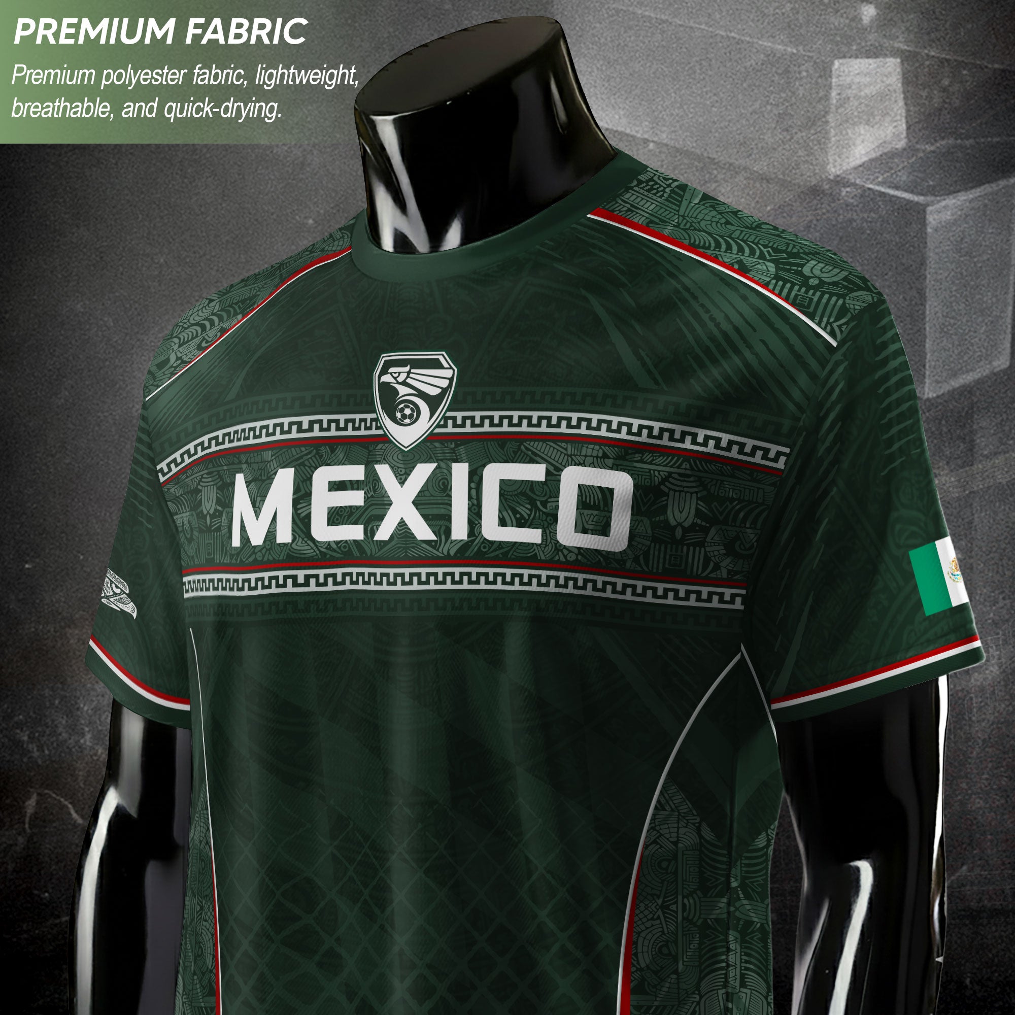 Camiseta de fútbol premium con emblema de águila azteca verde y dorado de México