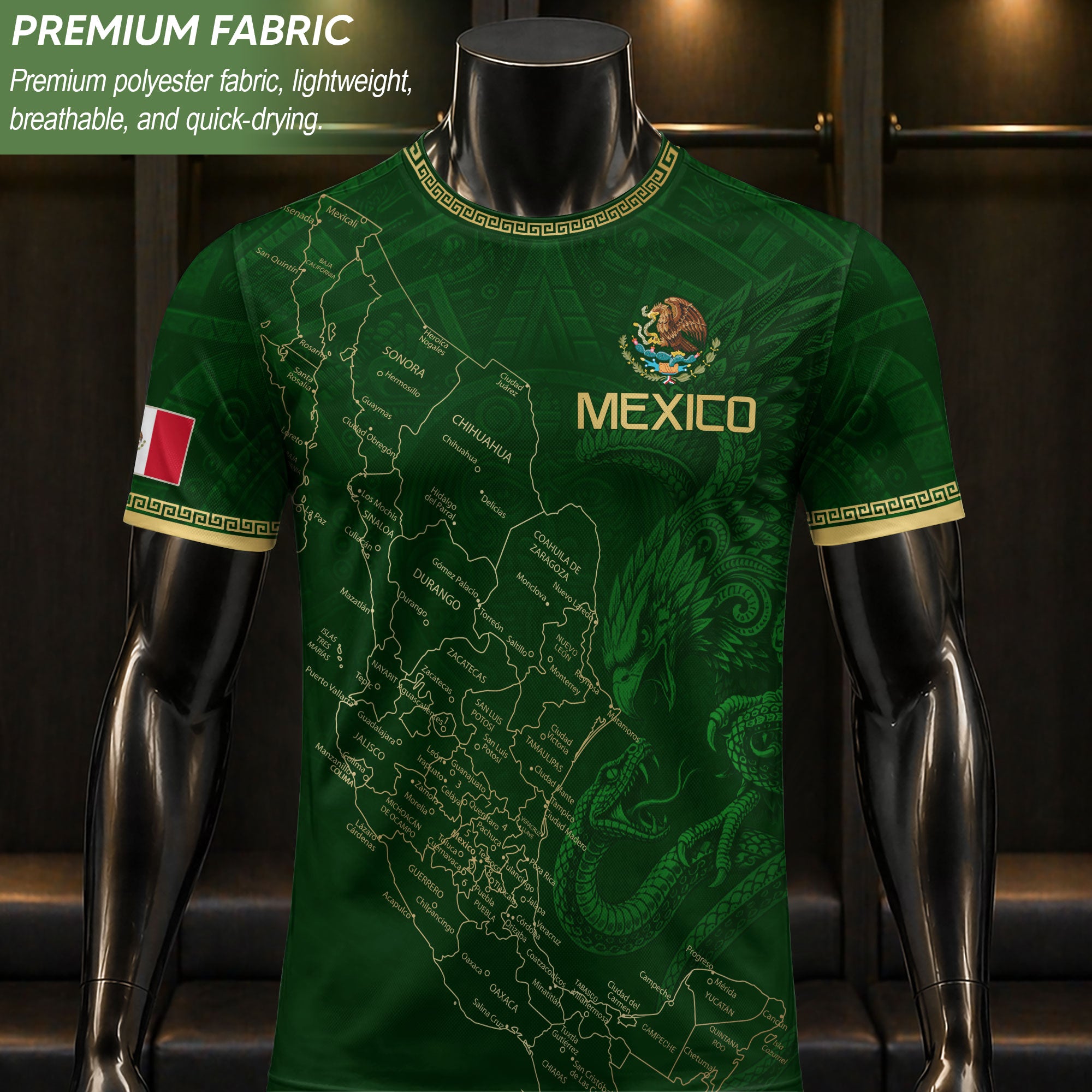 Camiseta de fútbol premium con emblema de águila azteca verde y dorado de México