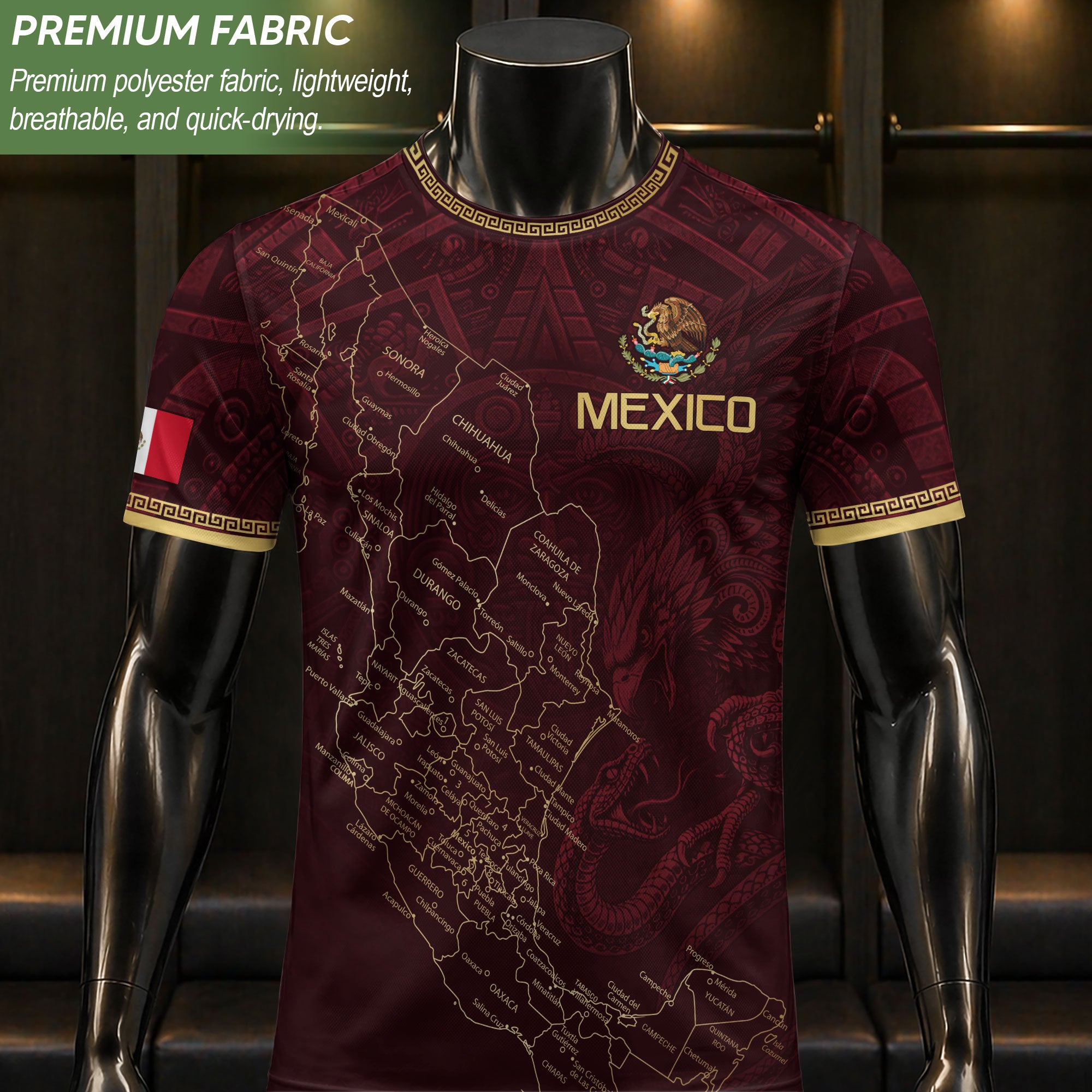 Men's Burgundy Mexico Map Eagle & Snake Graphic T-Shirt – Mexico Country Outline Print Tee