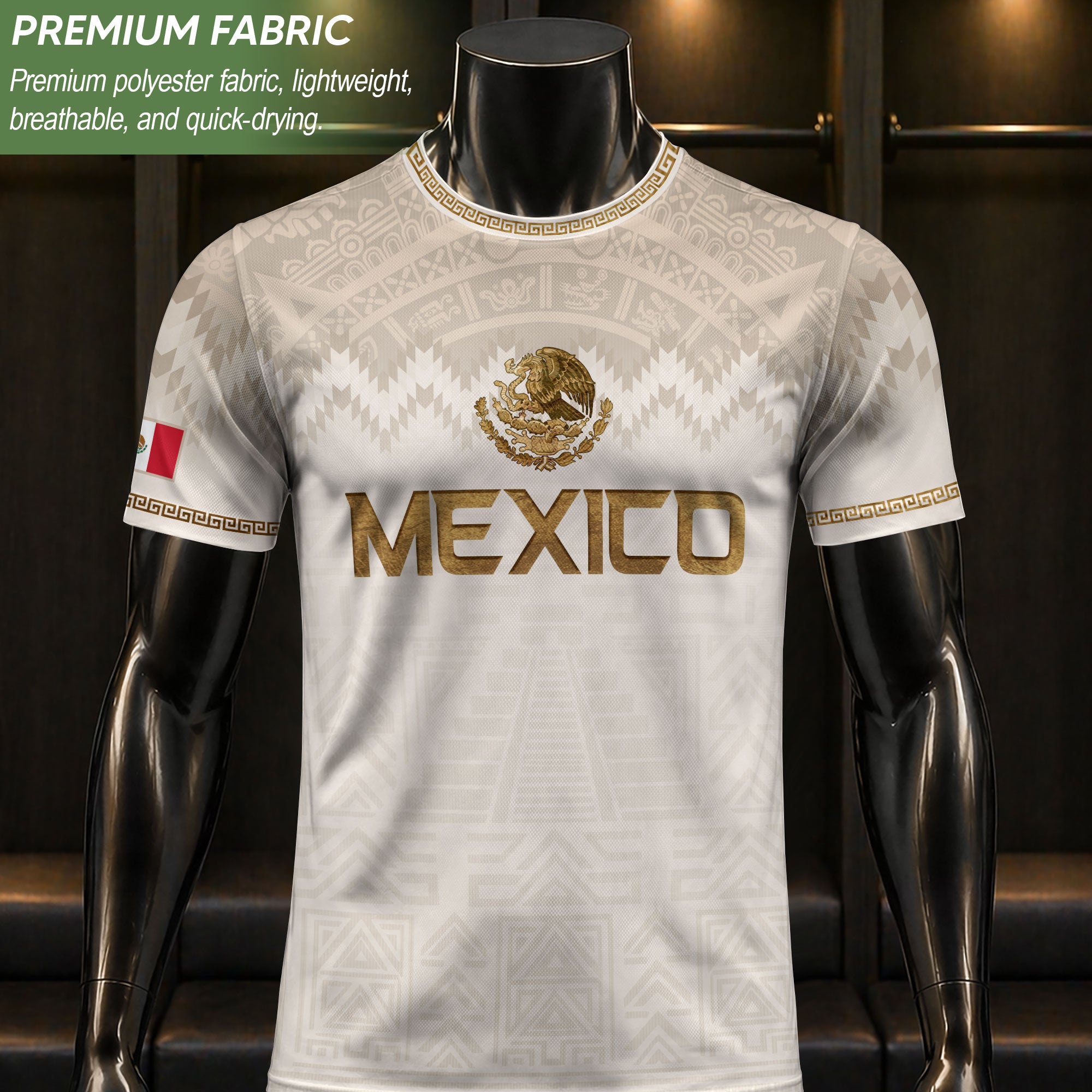 Camiseta de fútbol premium con emblema de águila azteca verde y dorado de México