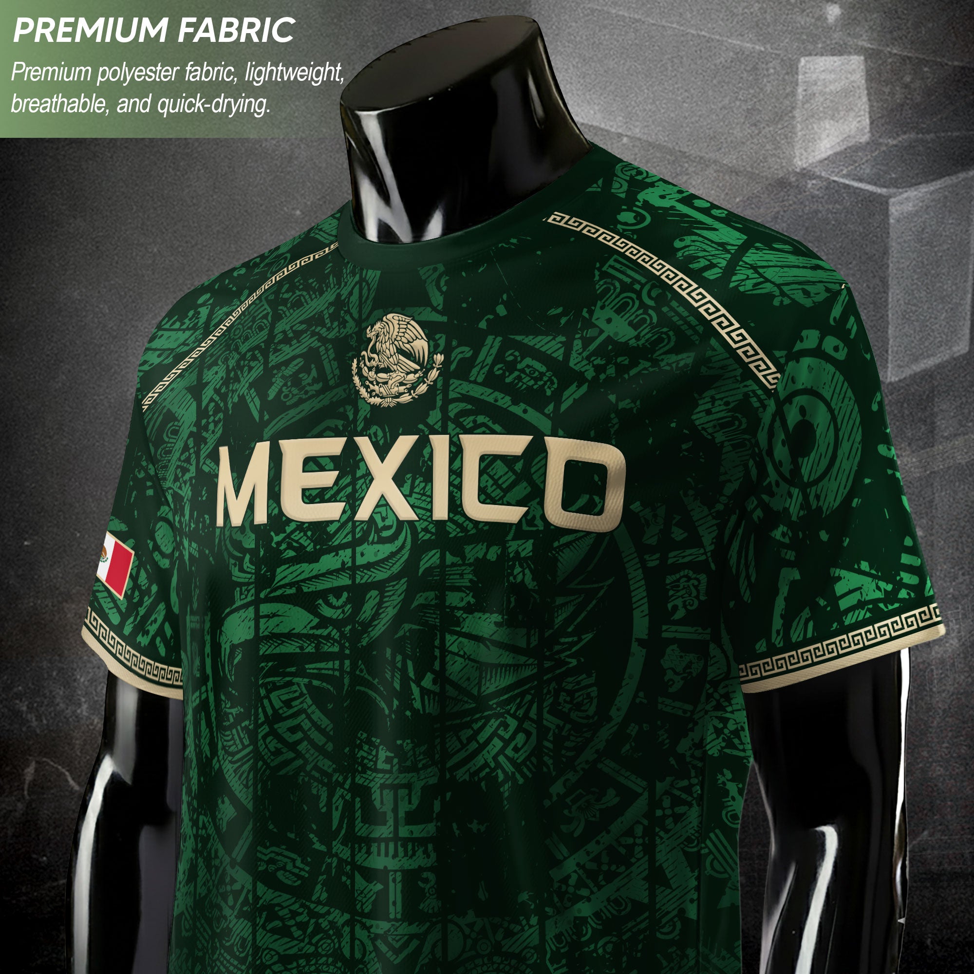 Mexico Soccer Jersey Green Eagle Crest - Aztec Sun Stone Heritage Fan Football Men Shirt