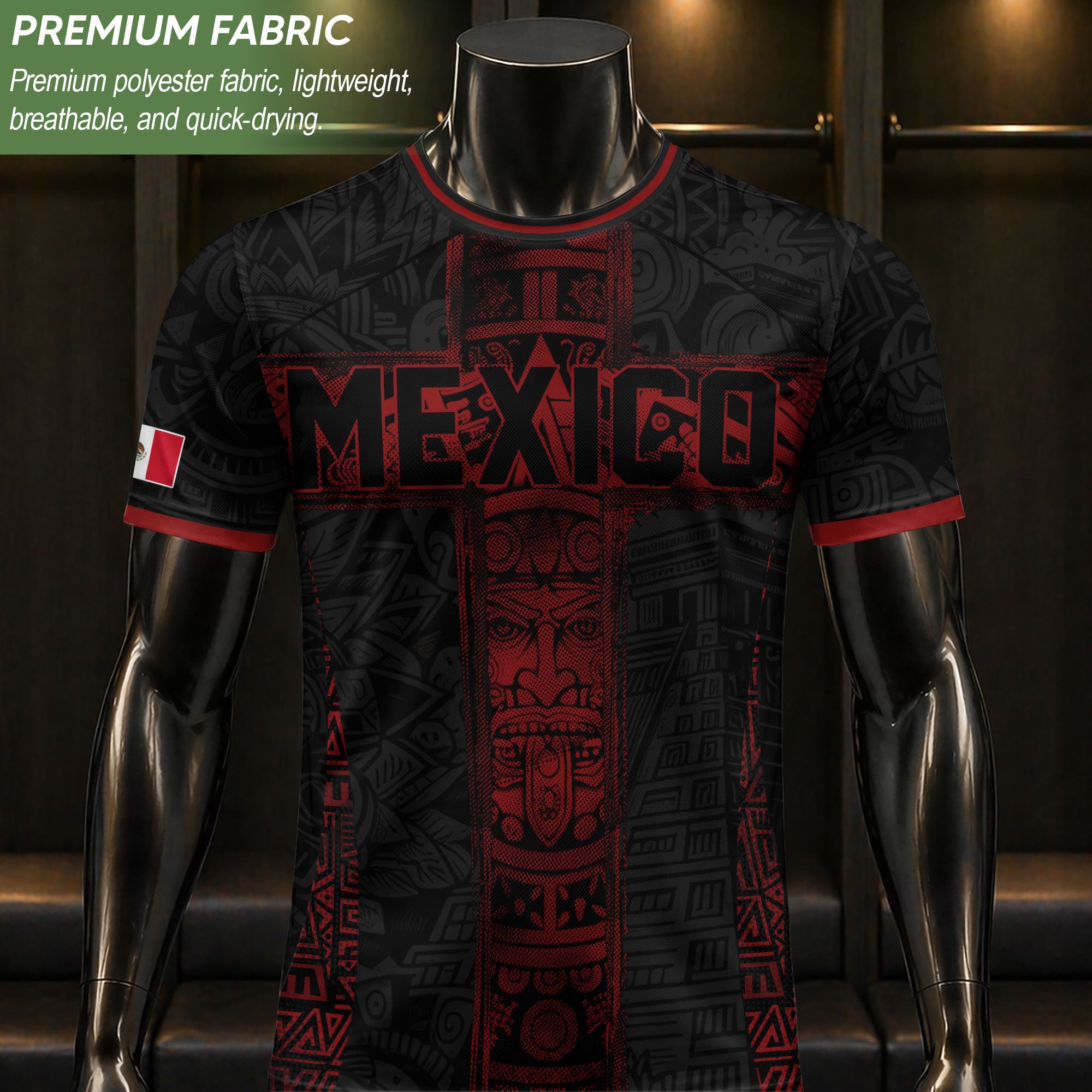 Mexico Soccer Jersey Men Black Red Aztec Cross Warrior Mexican Football Shirt