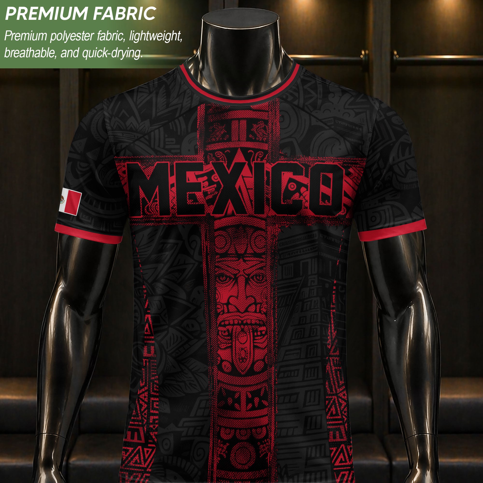 Mexico Soccer Jersey Men Black Red Aztec Cross Warrior Mexican Football Shirt