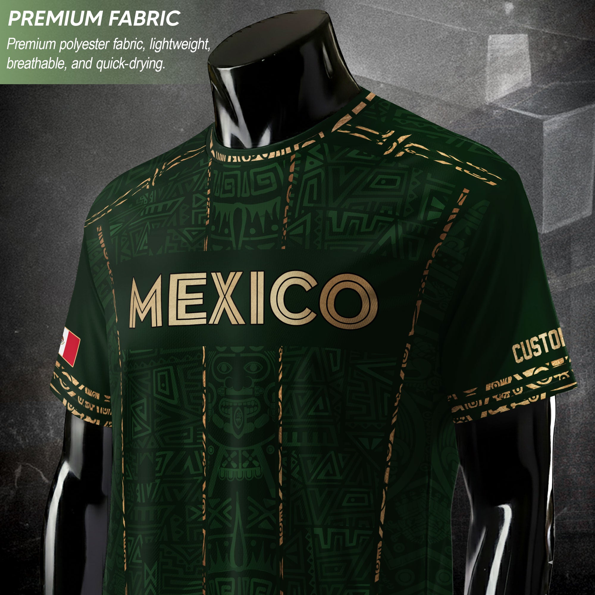 Mexico Soccer Jersey Custom Name - Green Aztec Heritage Pattern Tribal Football Shirt
