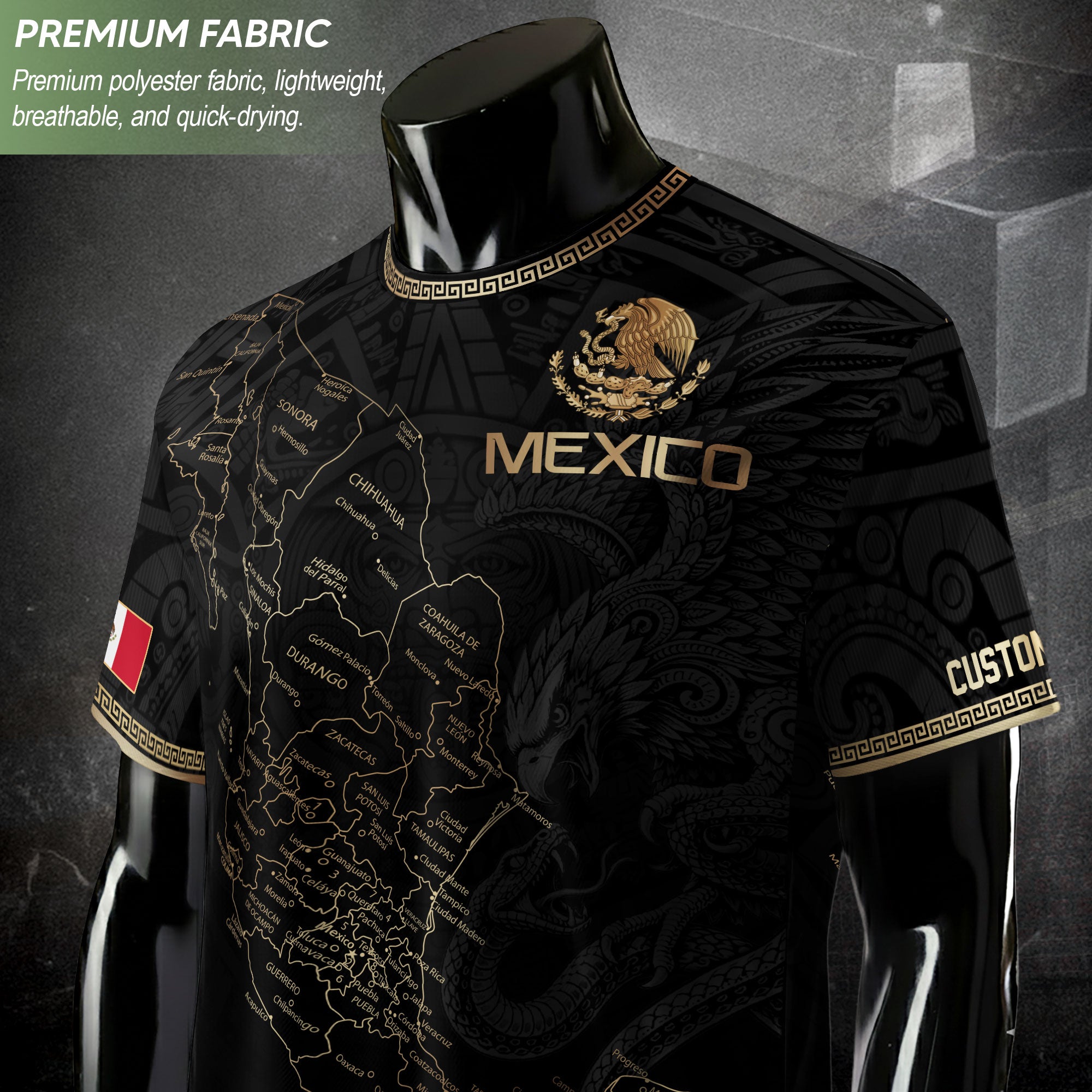 Mexico Soccer Jersey Custom Name - Black & Gold Mexico Map Heritage Football Shirt
