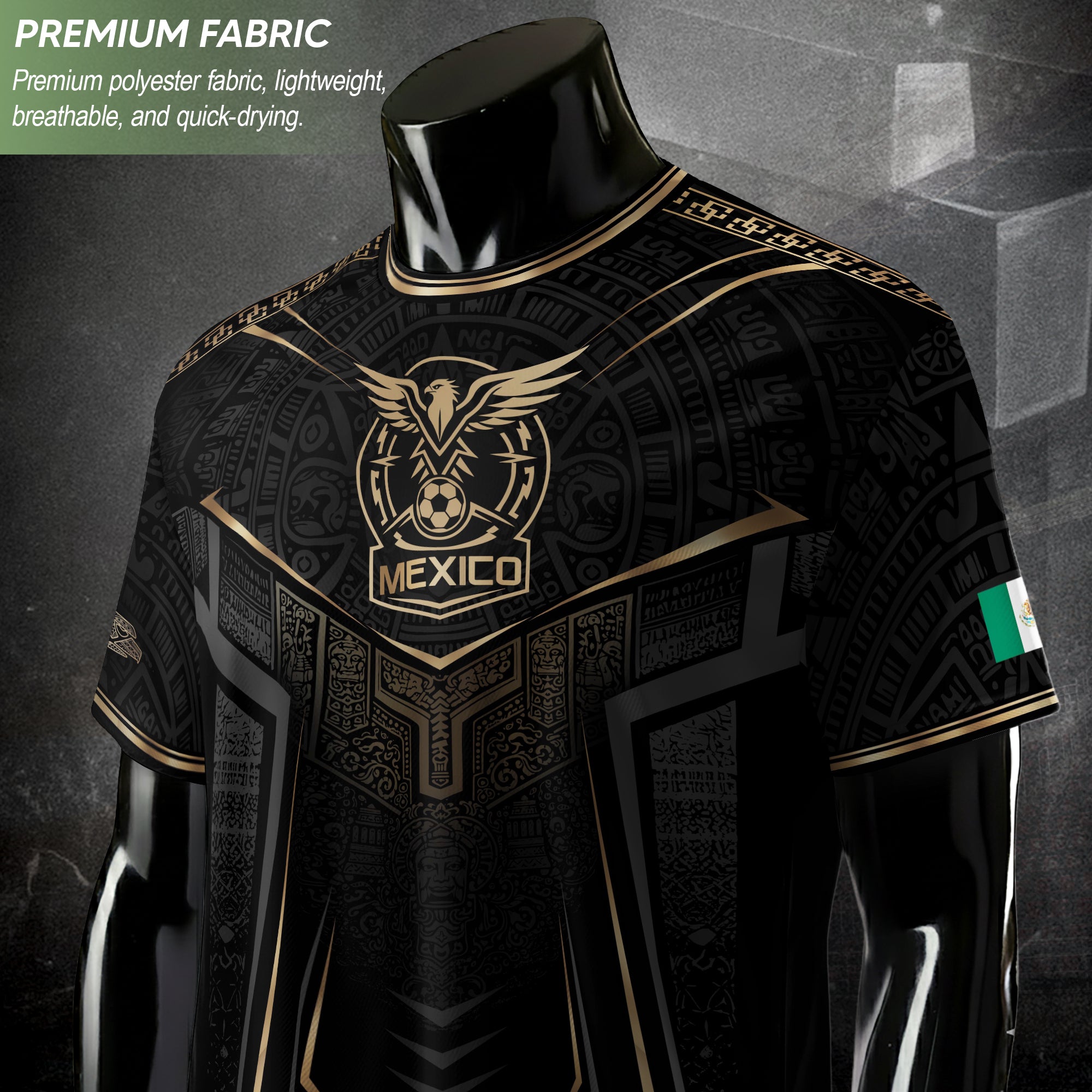 Camiseta de fútbol premium con emblema de águila azteca verde y dorado de México