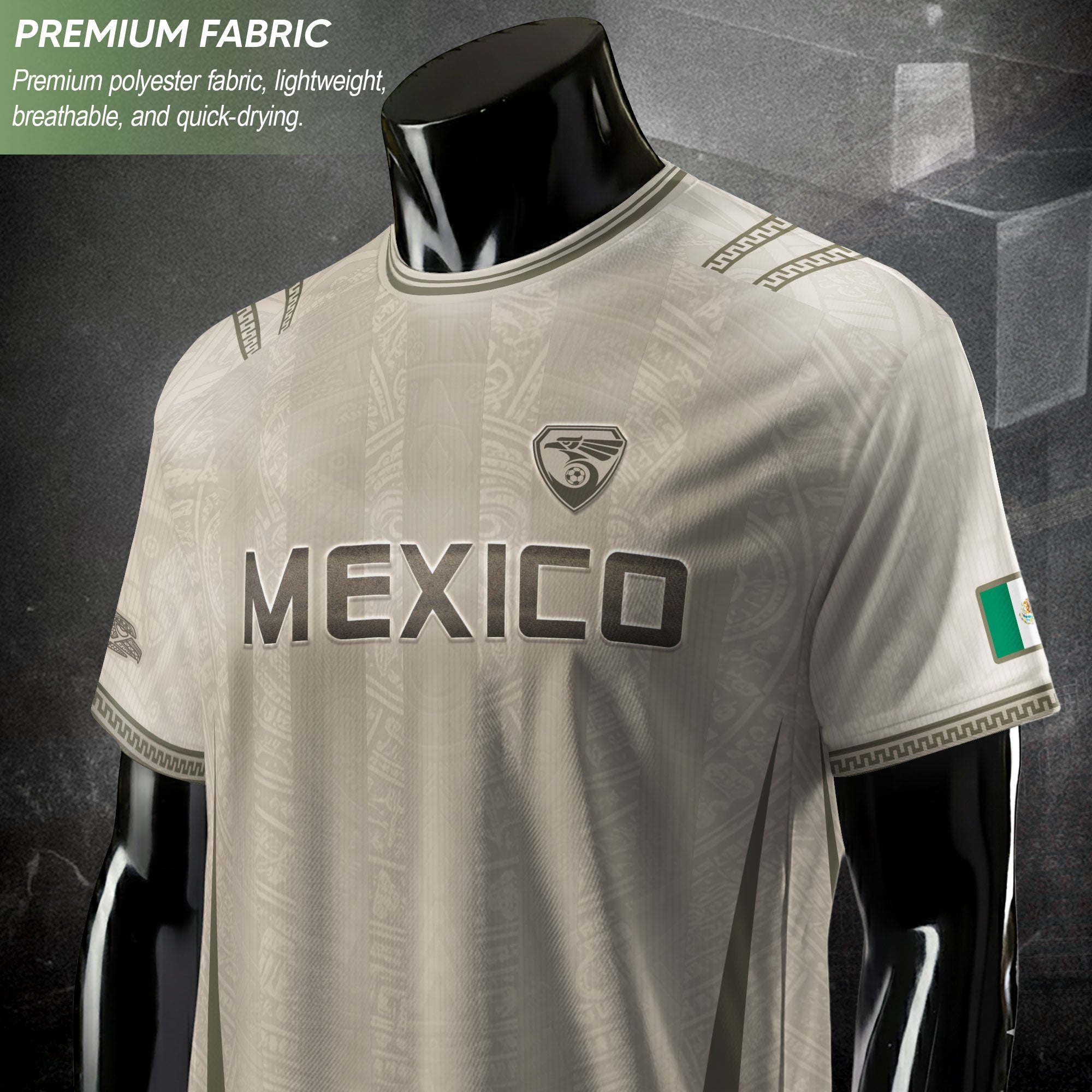 Camiseta de fútbol premium con emblema de águila azteca verde y dorado de México