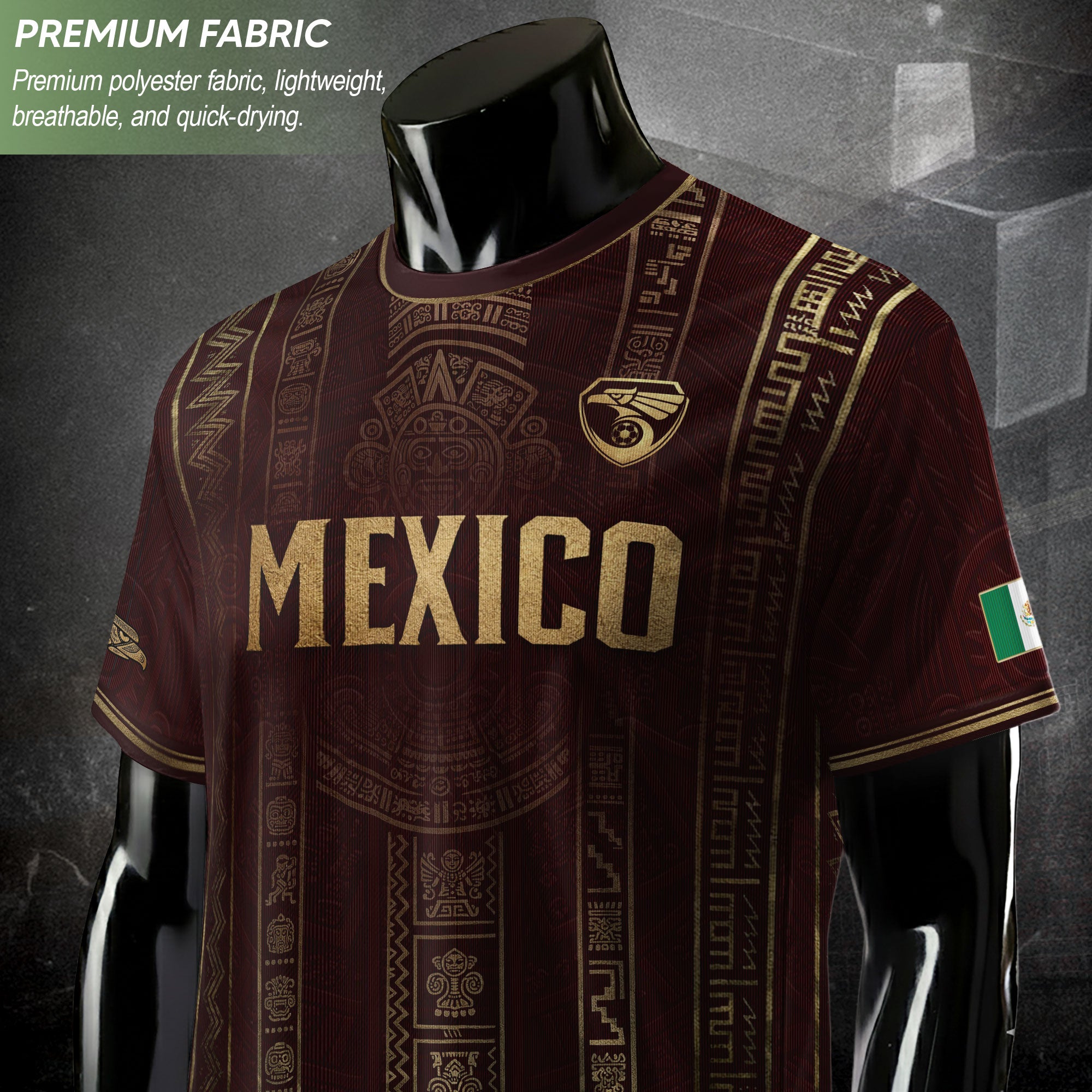 Camiseta de fútbol premium con emblema de águila azteca verde y dorado de México