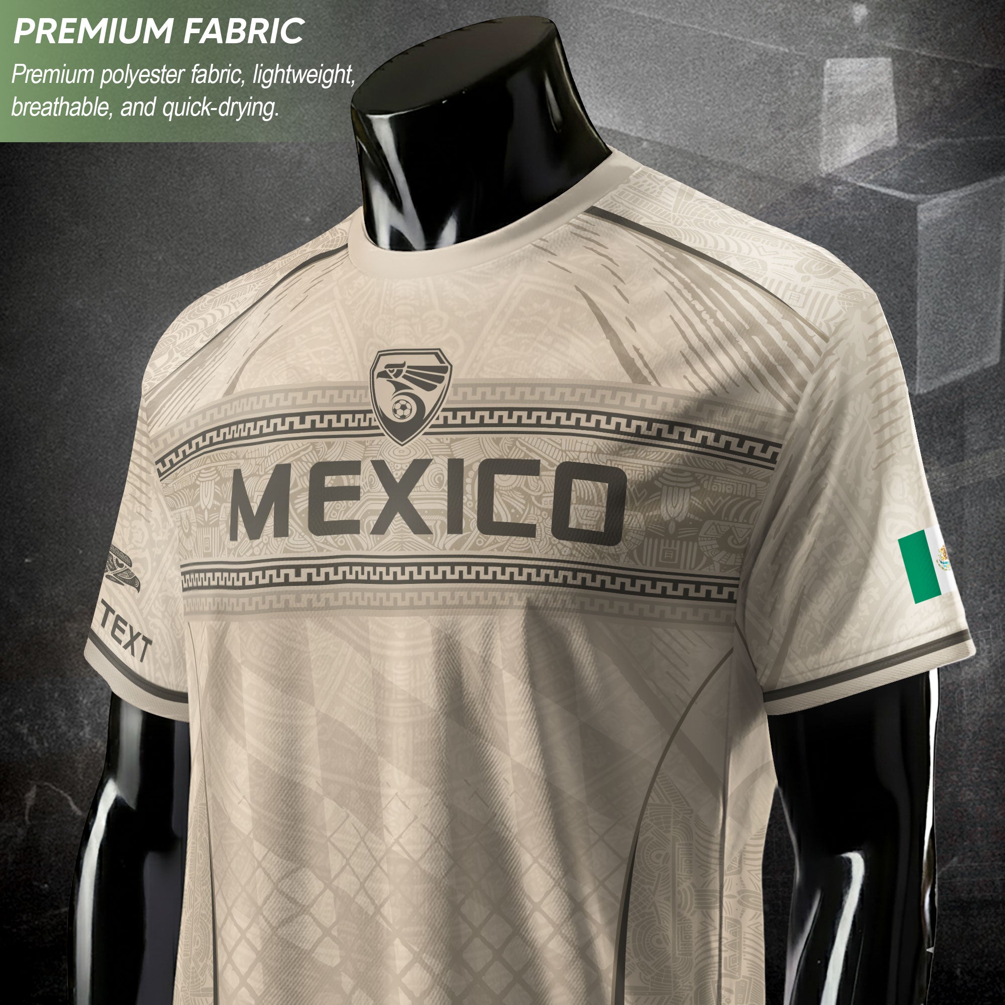Camiseta de fútbol premium con emblema de águila azteca verde y dorado de México