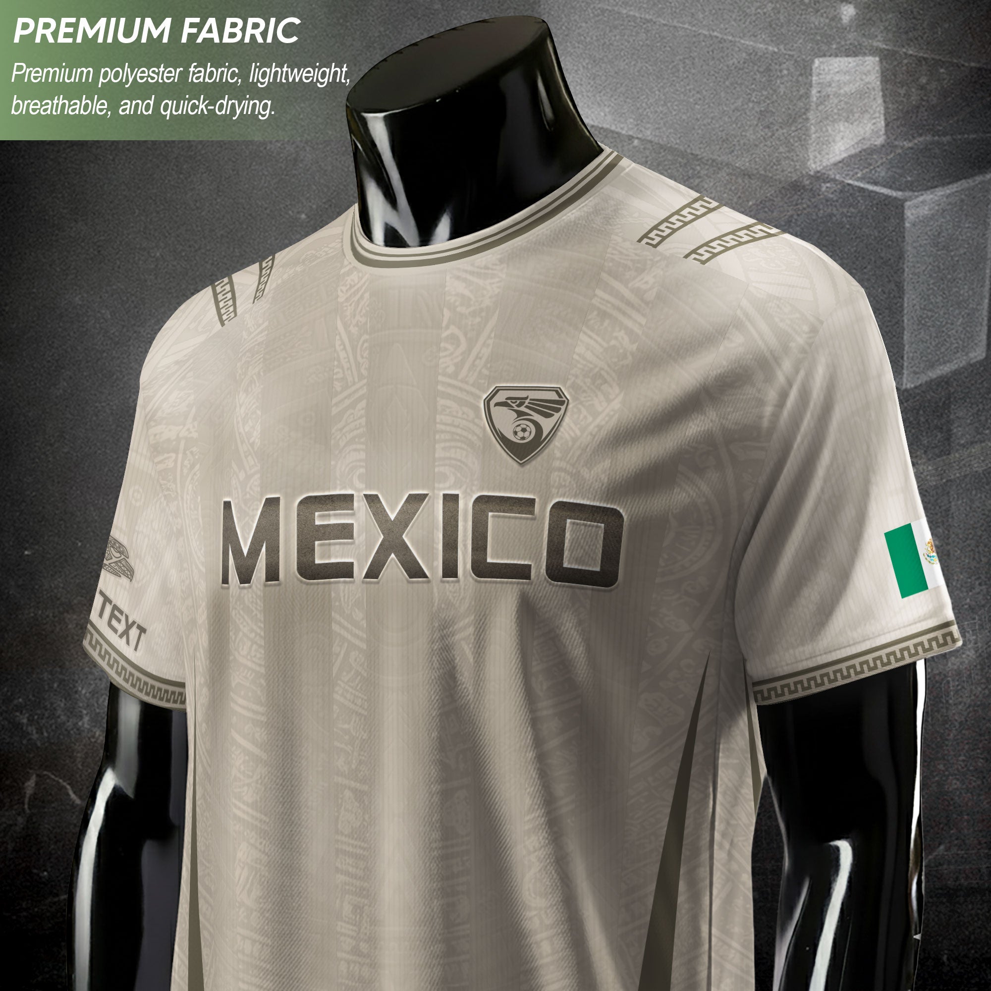 Camiseta de fútbol premium con emblema de águila azteca verde y dorado de México