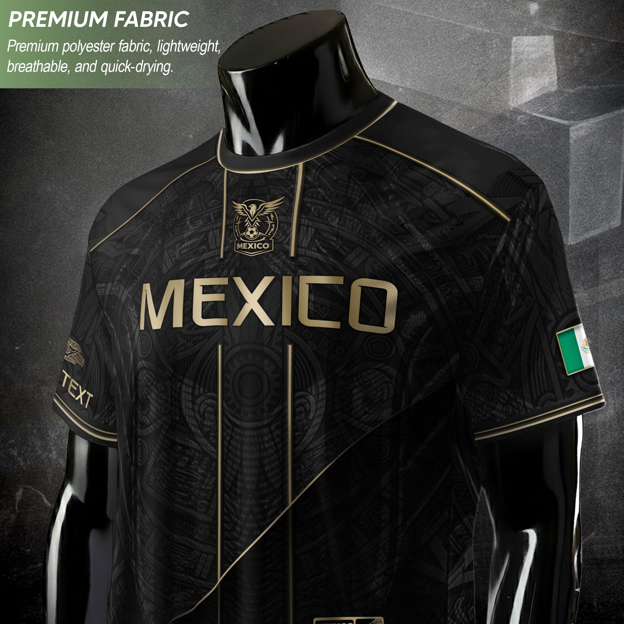 Camiseta de fútbol premium con emblema de águila azteca verde y dorado de México