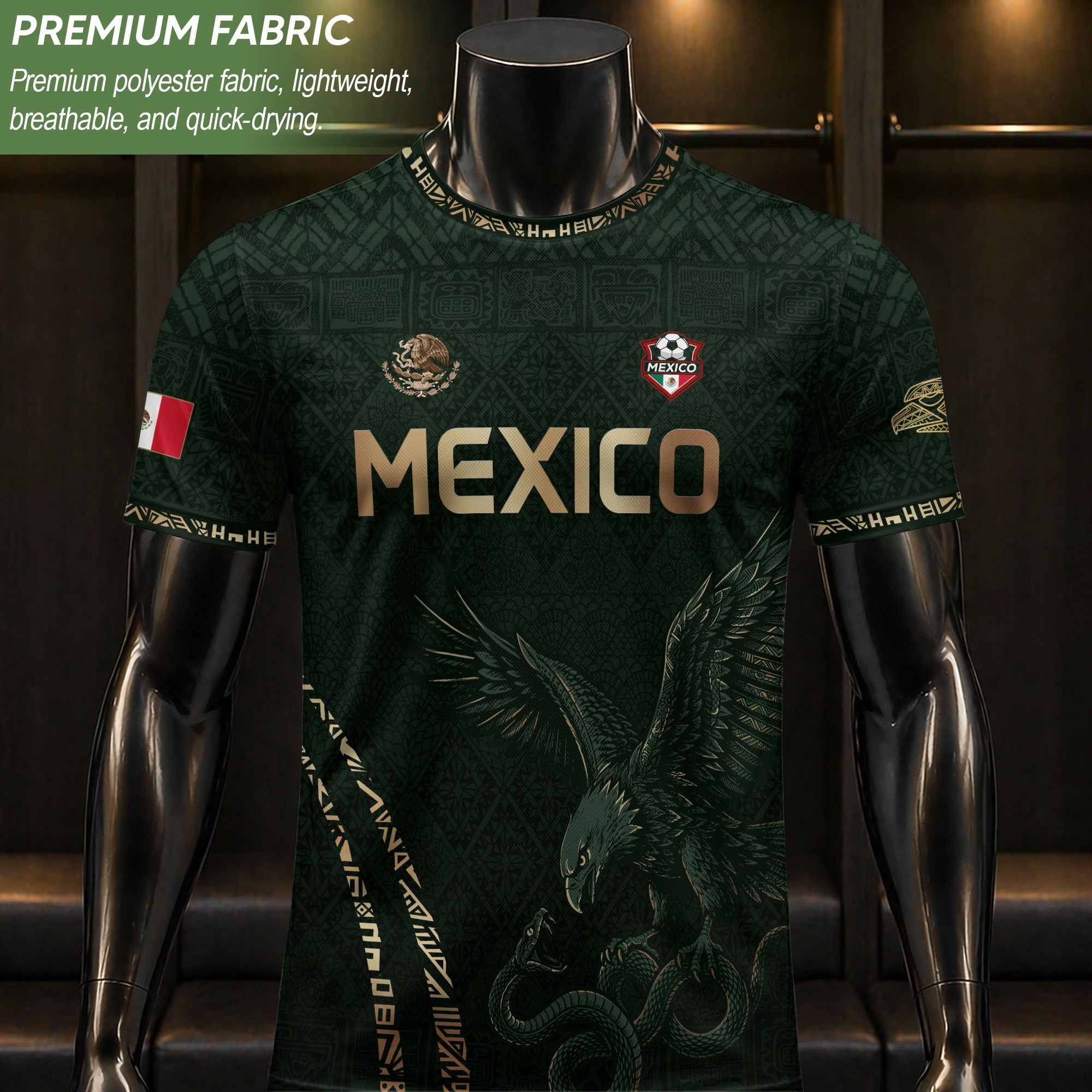 Camiseta de fútbol premium con emblema de águila azteca verde y dorado de México