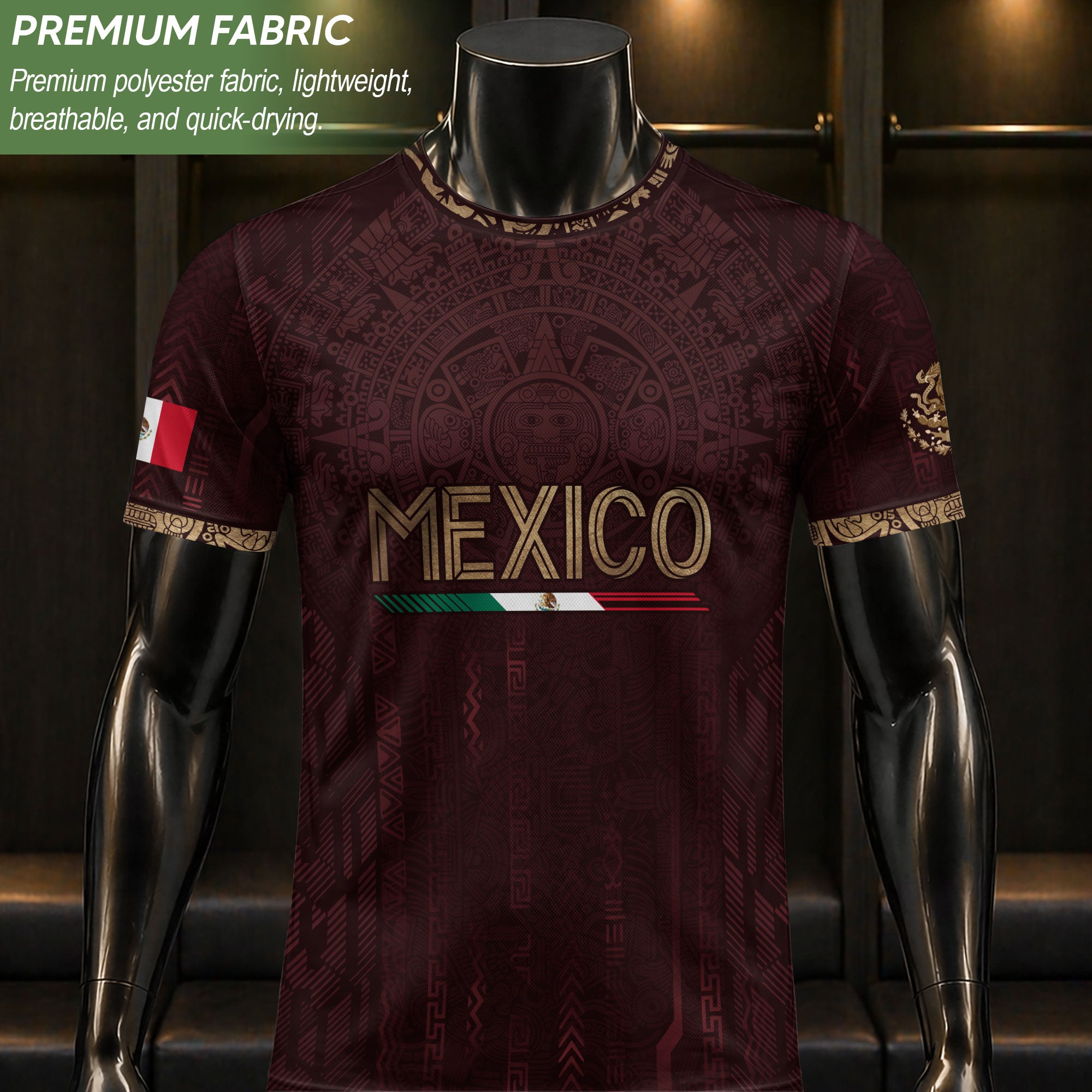 Camiseta de fútbol premium con emblema de águila azteca verde y dorado de México