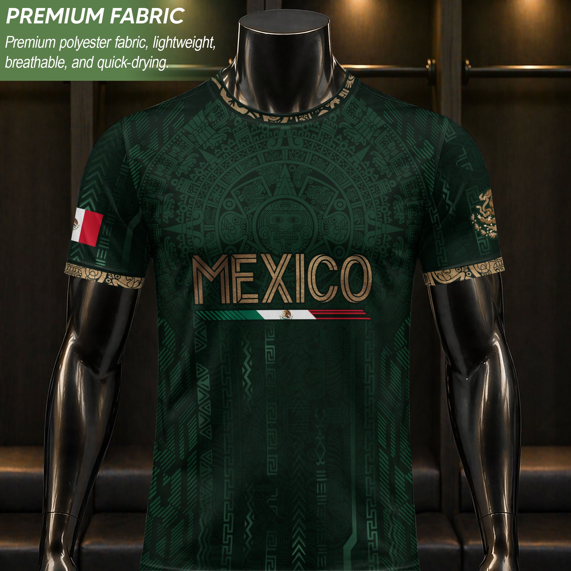 Camiseta de fútbol premium con emblema de águila azteca verde y dorado de México