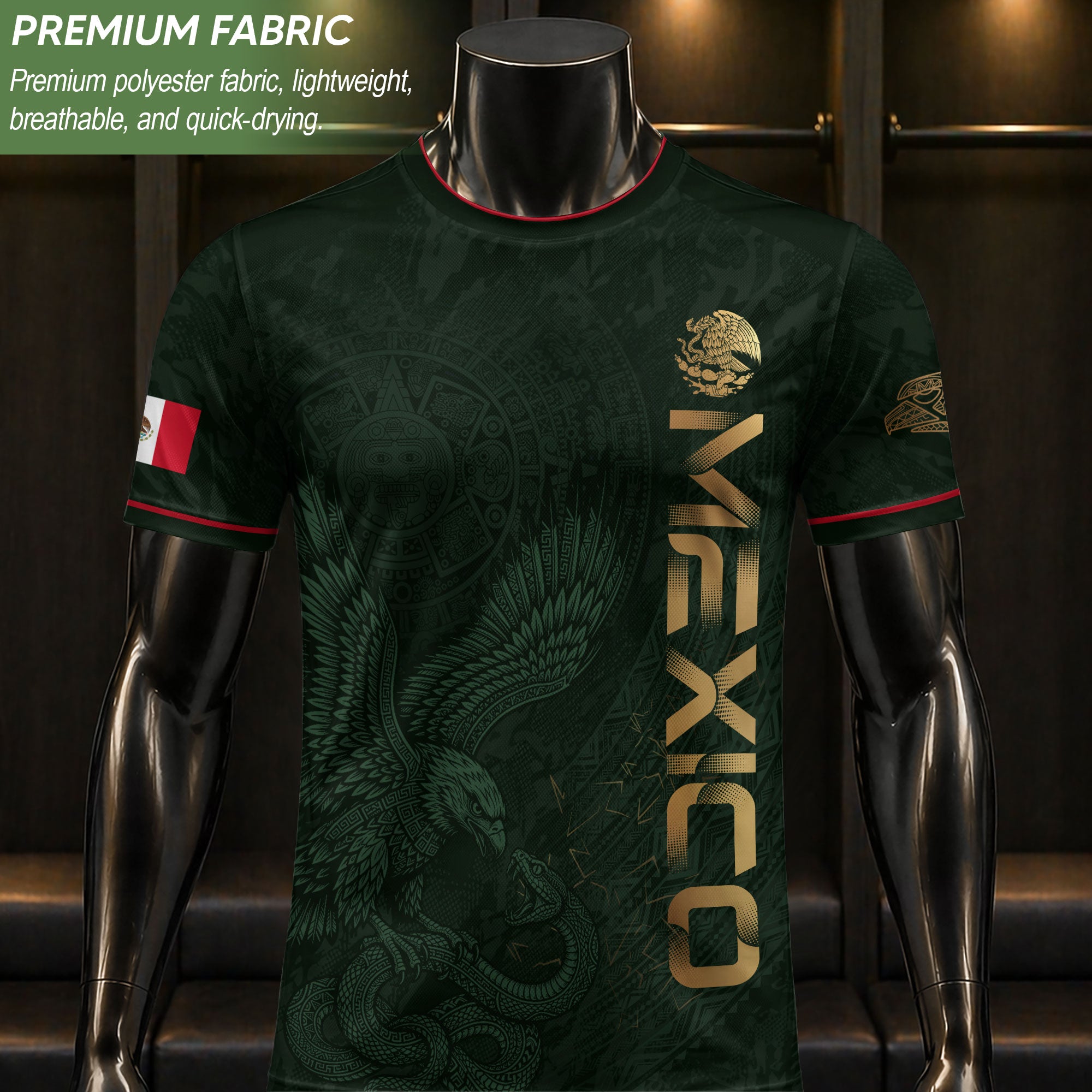 Camiseta de fútbol premium con emblema de águila azteca verde y dorado de México