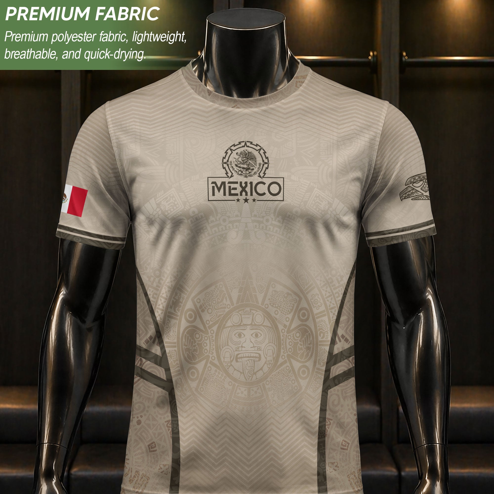Camiseta de fútbol premium con emblema de águila azteca verde y dorado de México