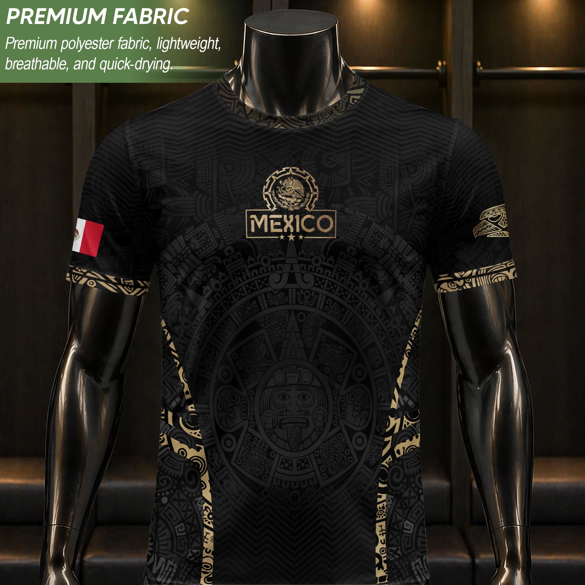 Camiseta de fútbol premium con emblema de águila azteca verde y dorado de México