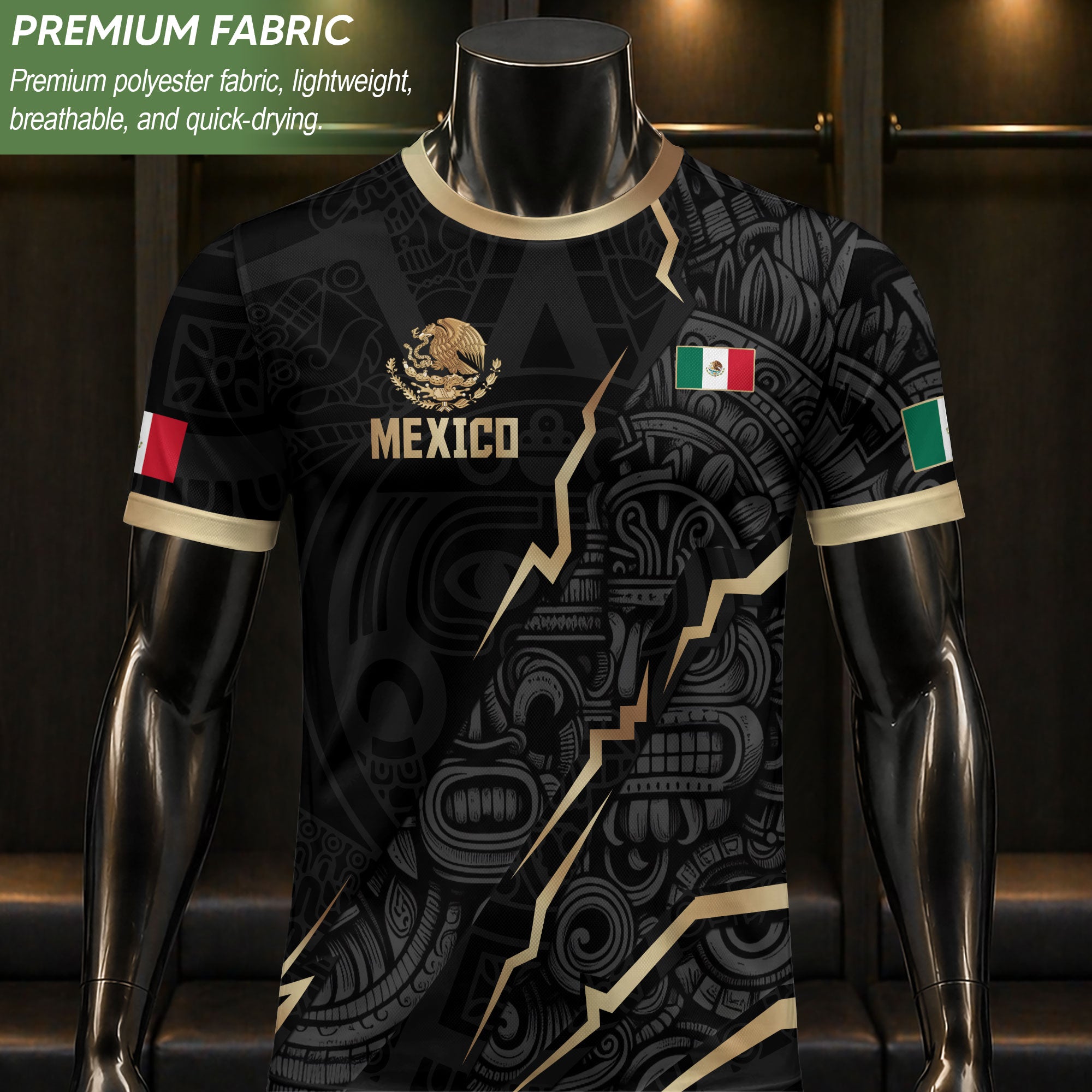 Camiseta de fútbol de la herencia del guerrero azteca del águila dorada negra de México