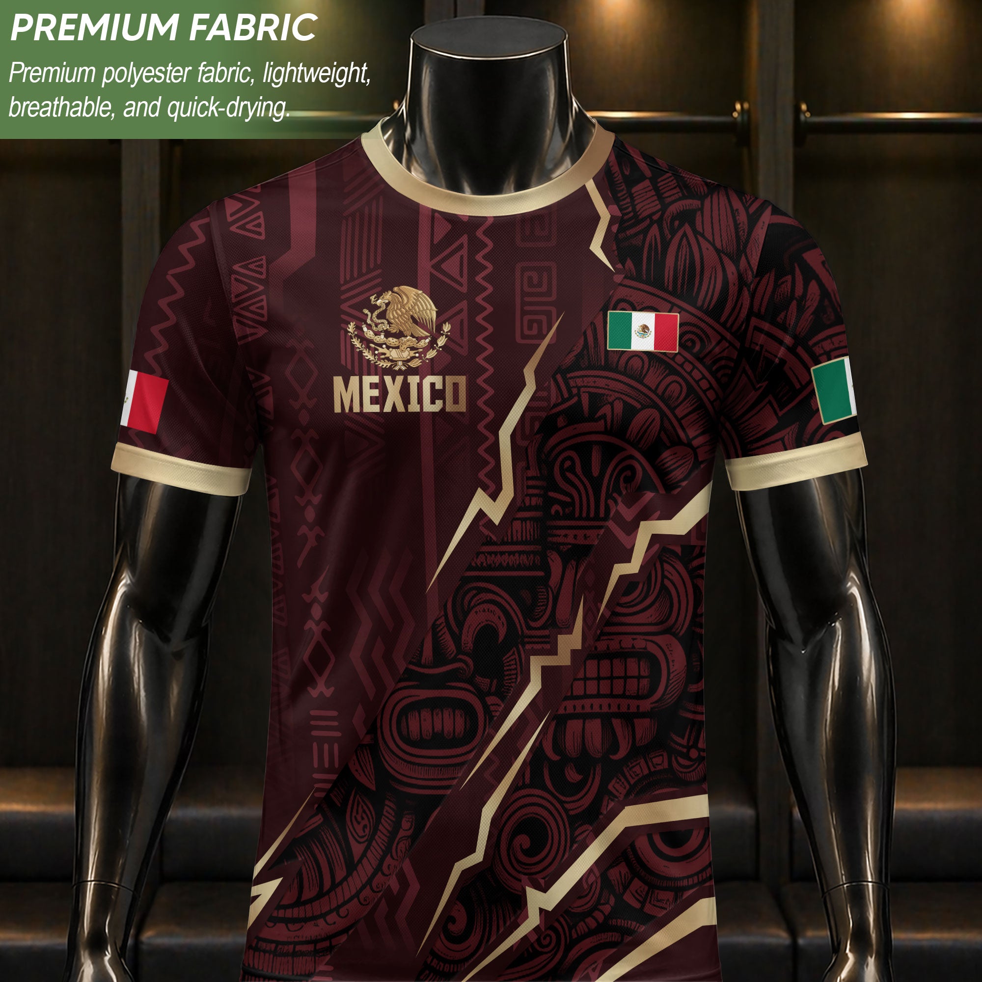 Camiseta de fútbol de la herencia del guerrero azteca del águila dorada negra de México