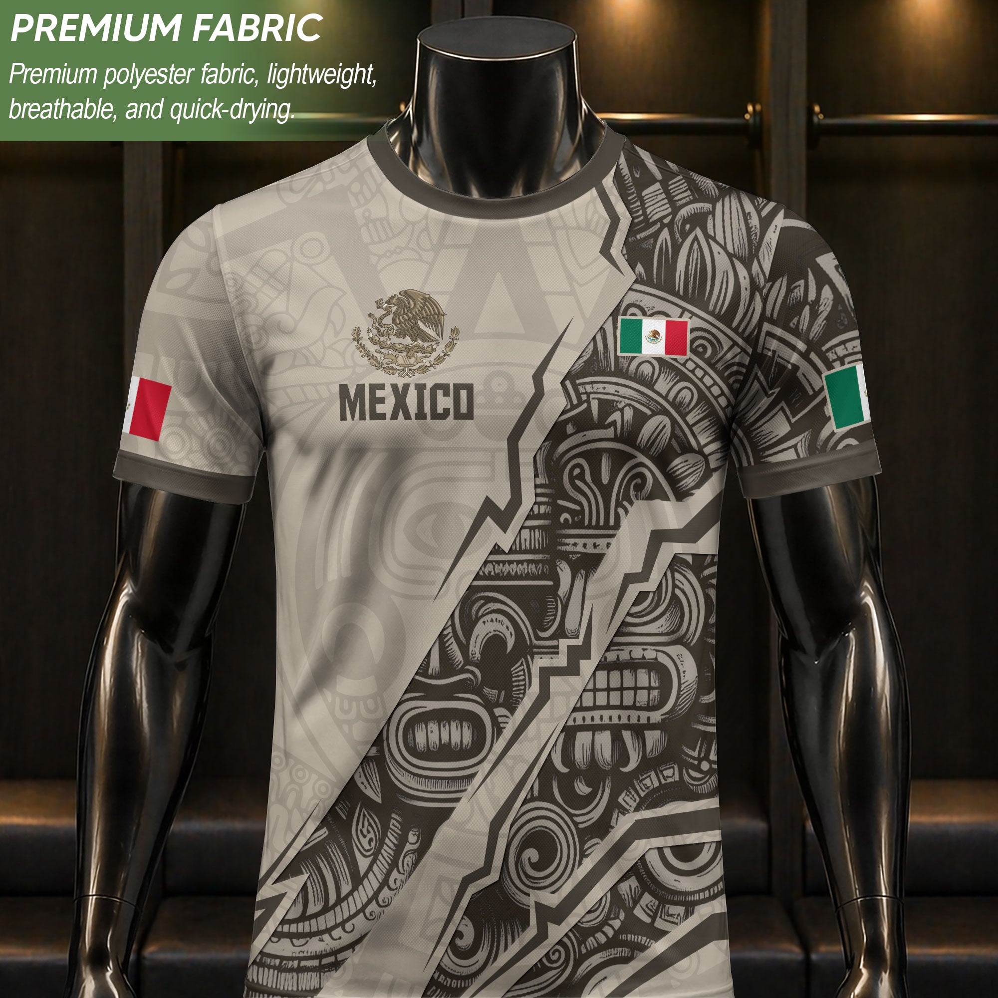 Camiseta de fútbol de la herencia del guerrero azteca del águila dorada negra de México